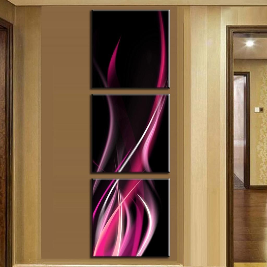 3 Pcs/set Abstract Canvas Wall Art Pink Flame In Black Canvas Prints Pertaining To Recent Vertical Wall Art (View 5 of 20)