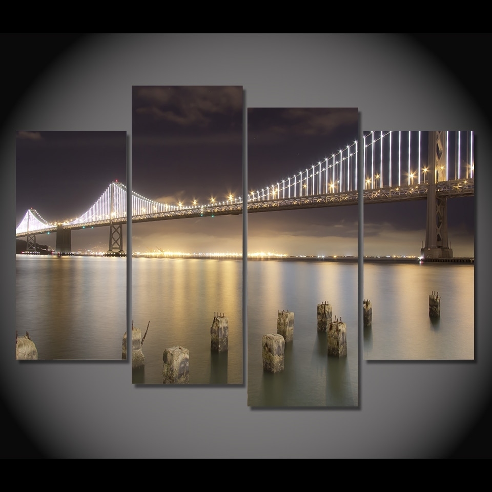 4 Pcs/set Framed Hd Printed San Francisco Bridge Night Picture Wall For Most Popular San Francisco Wall Art (Gallery 1 of 20)