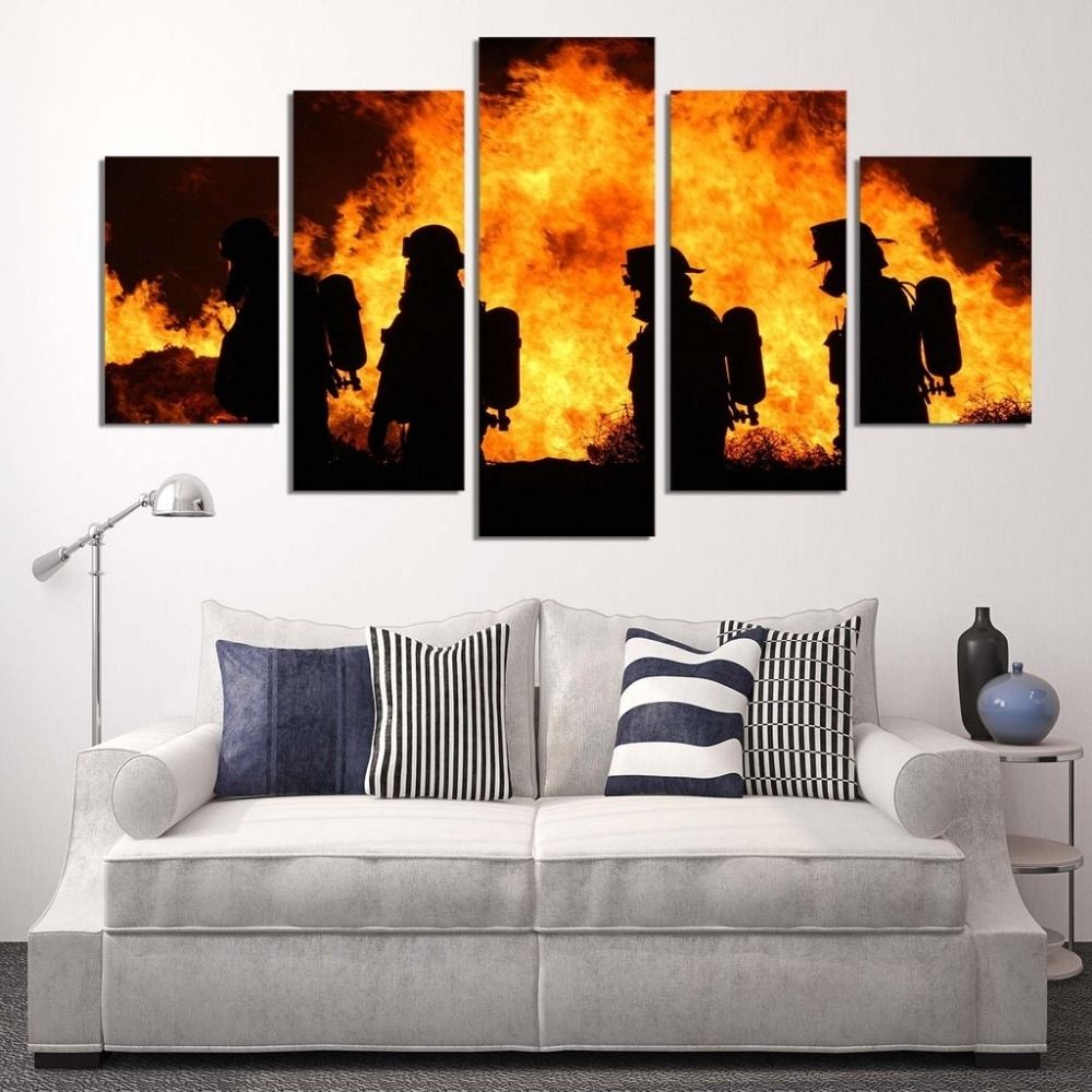 5 Panels Canvas Prints Firefighter Our Hero Canvas Painting Poster In Most Popular Firefighter Wall Art (View 3 of 15)