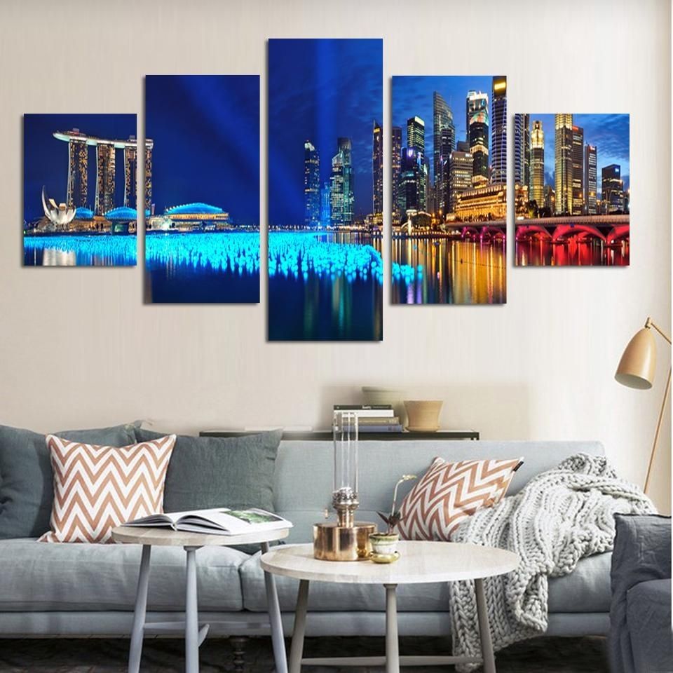 5 Pieces/set Landscape Wall Art Modern City Night Pictures Prints On With Regard To Newest Canvas Wall Art Sets (View 15 of 15)