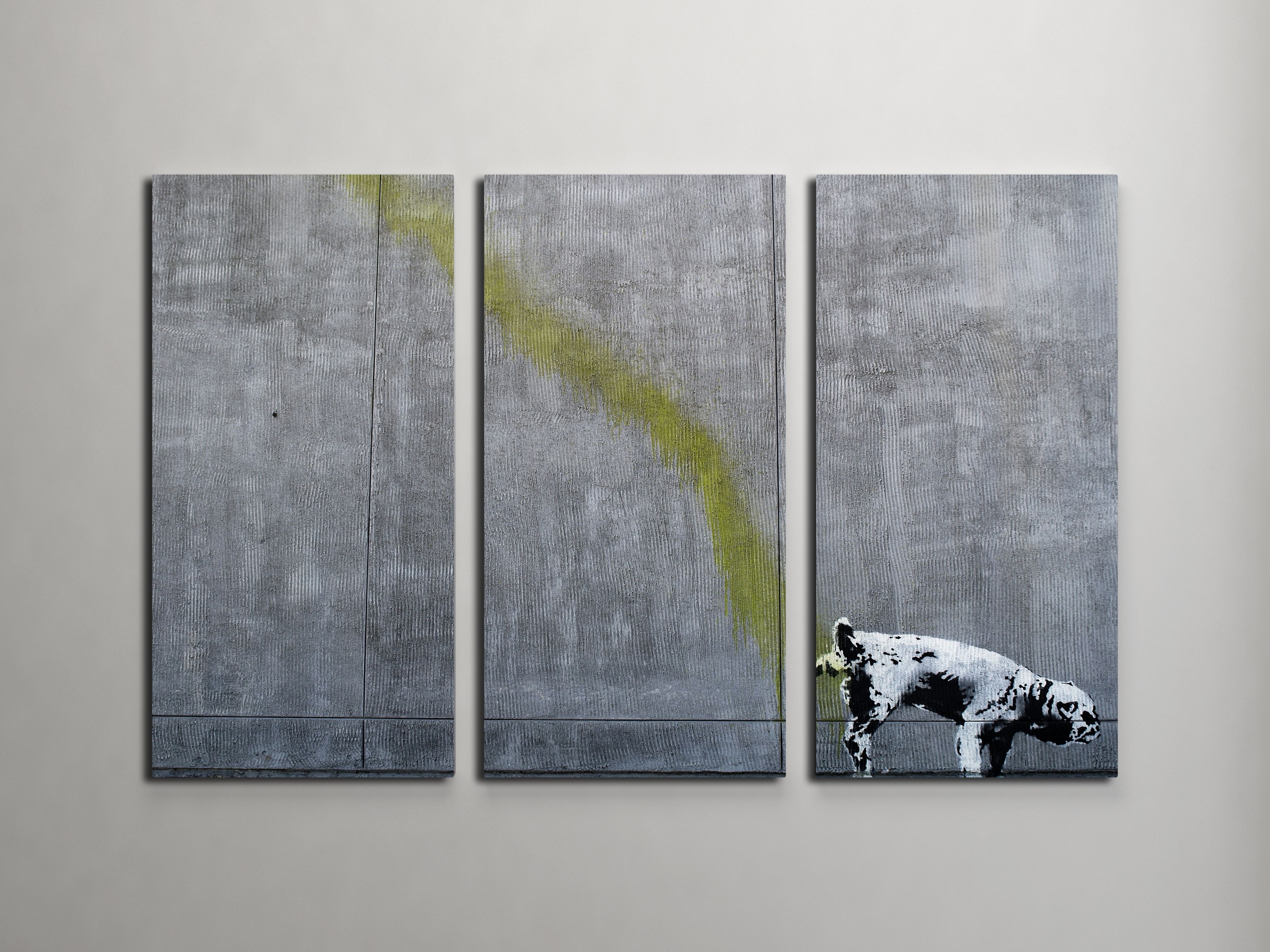 Banksy Pissing Dog Triptych Canvas Wall Art Throughout Best And Newest Triptych Wall Art (View 1 of 20)
