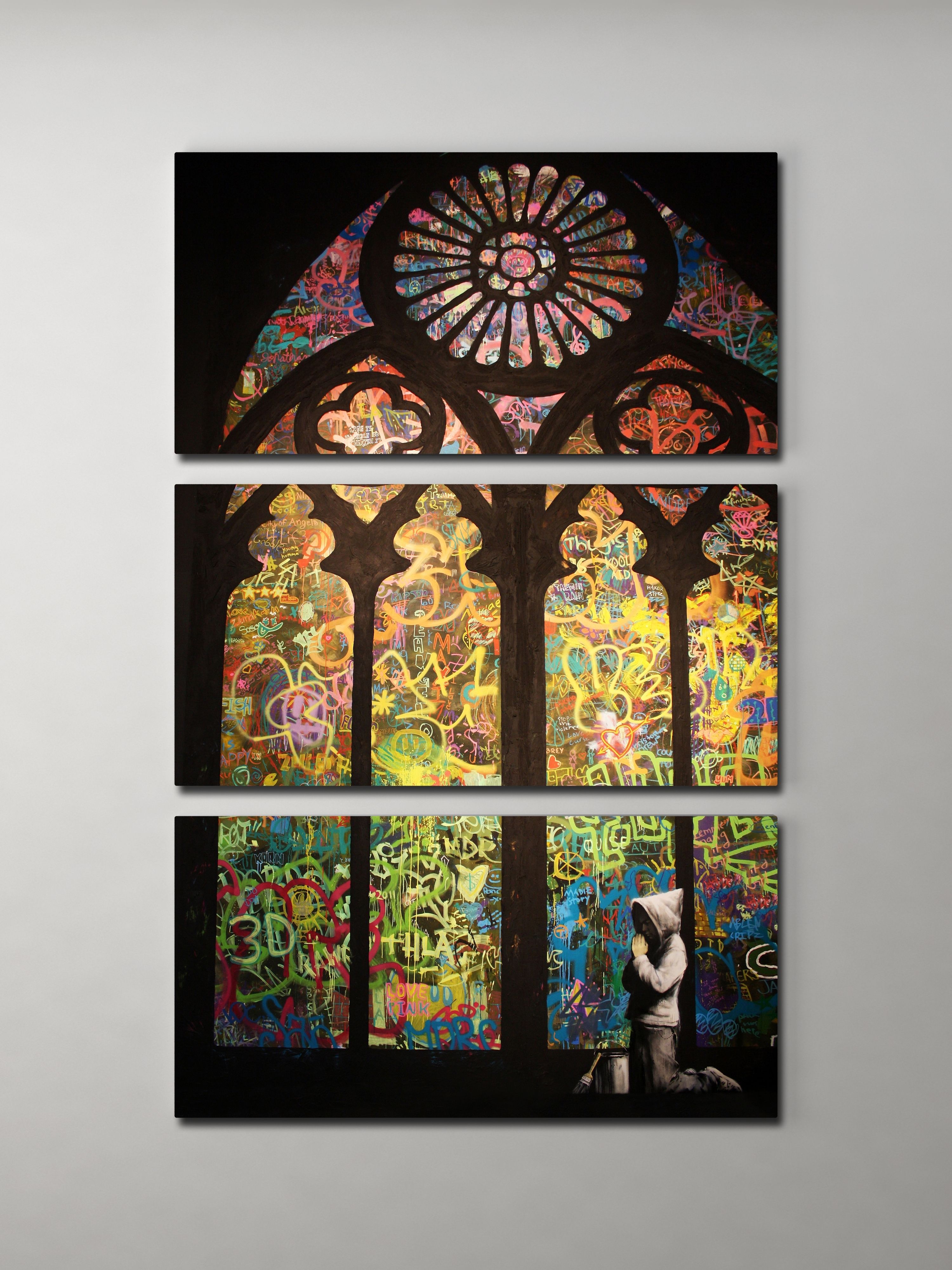 Banksy Stained Glass Cathedral Triptych Canvas Wall Art Inside 2017 Glass Wall Art (Gallery 10 of 15)