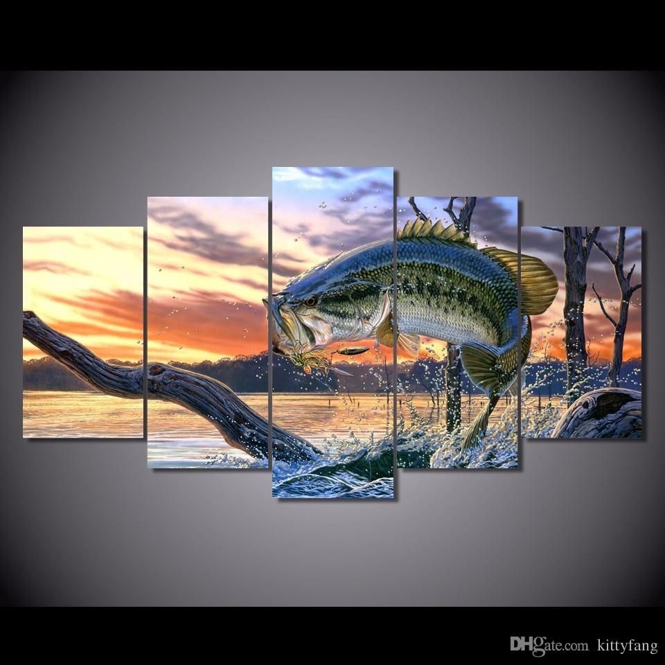 Best Quality Framed Hd Printed Bass Jumping Fish Sunset Picture Wall In 2018 Fish Painting Wall Art (View 1 of 20)