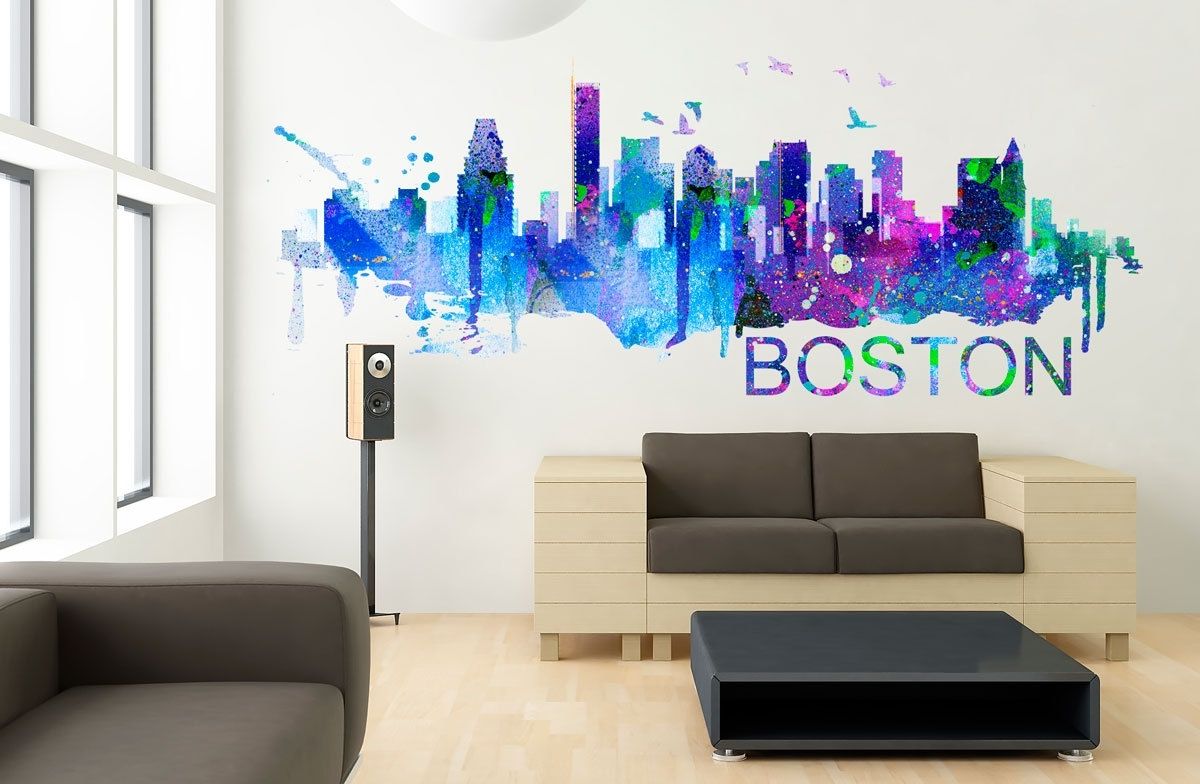 Boston Art Skyline Watercolor Decal Sticker · Moonwallstickers In Newest Boston Wall Art (View 18 of 20)