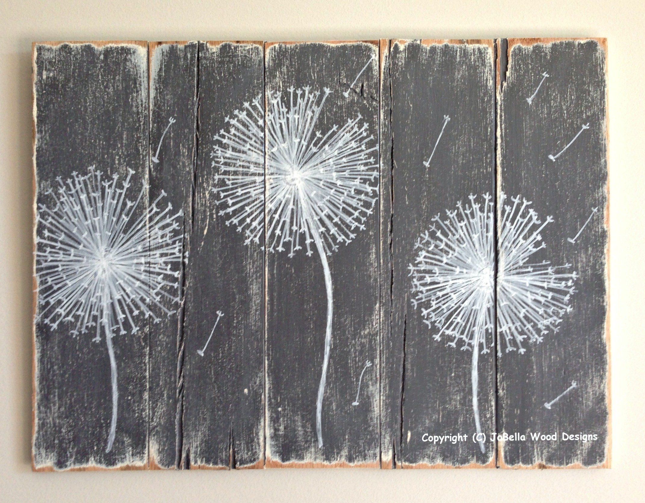 Dandelion Wood Painting – Handmade, Distressed (gray And White With Regard To Recent Grey And White Wall Art (View 1 of 20)