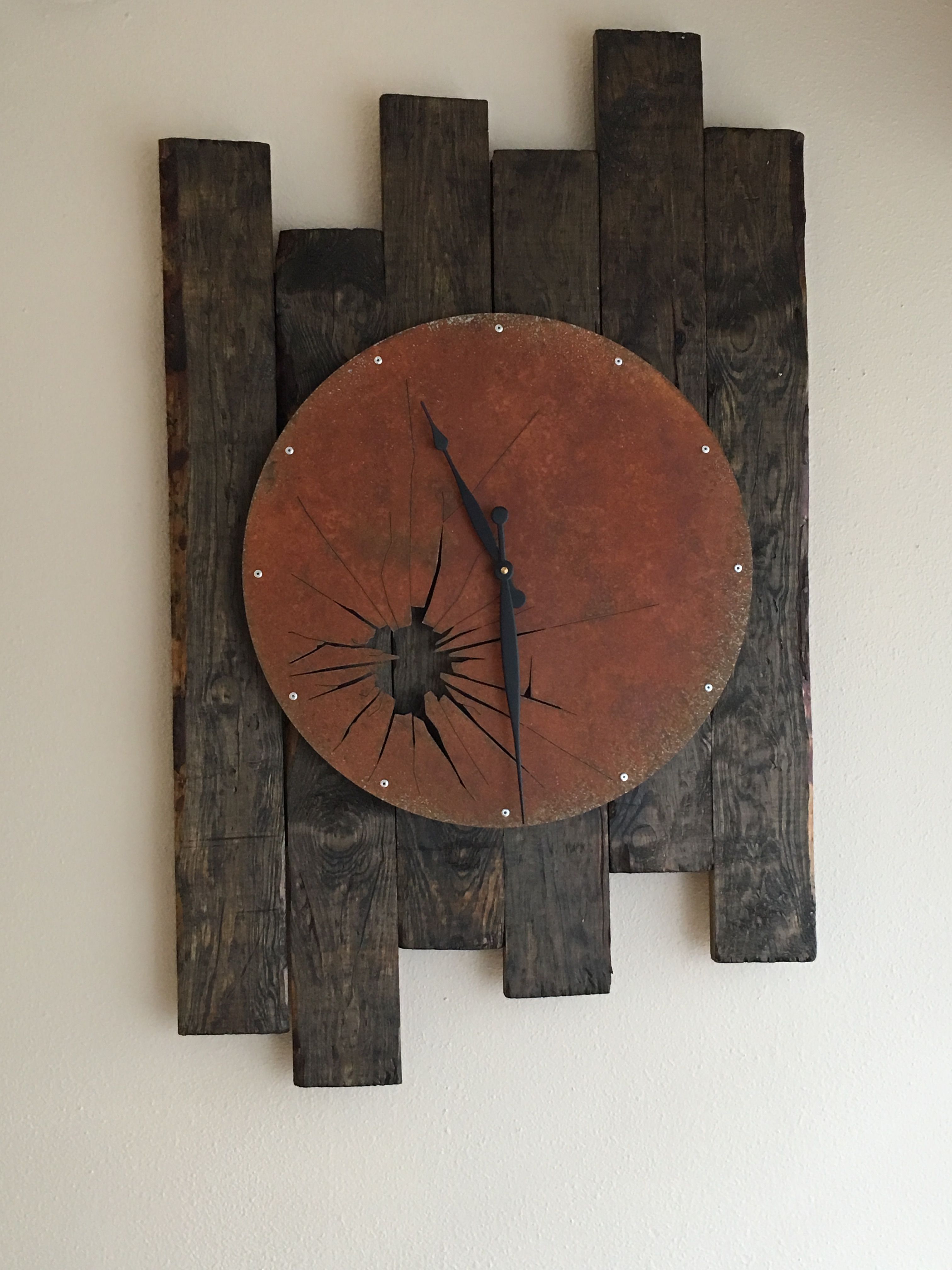 Distressed Wood Plank Wall Art With Clock. Shattered Metal Wall Throughout Newest Plank Wall Art (Gallery 19 of 20)