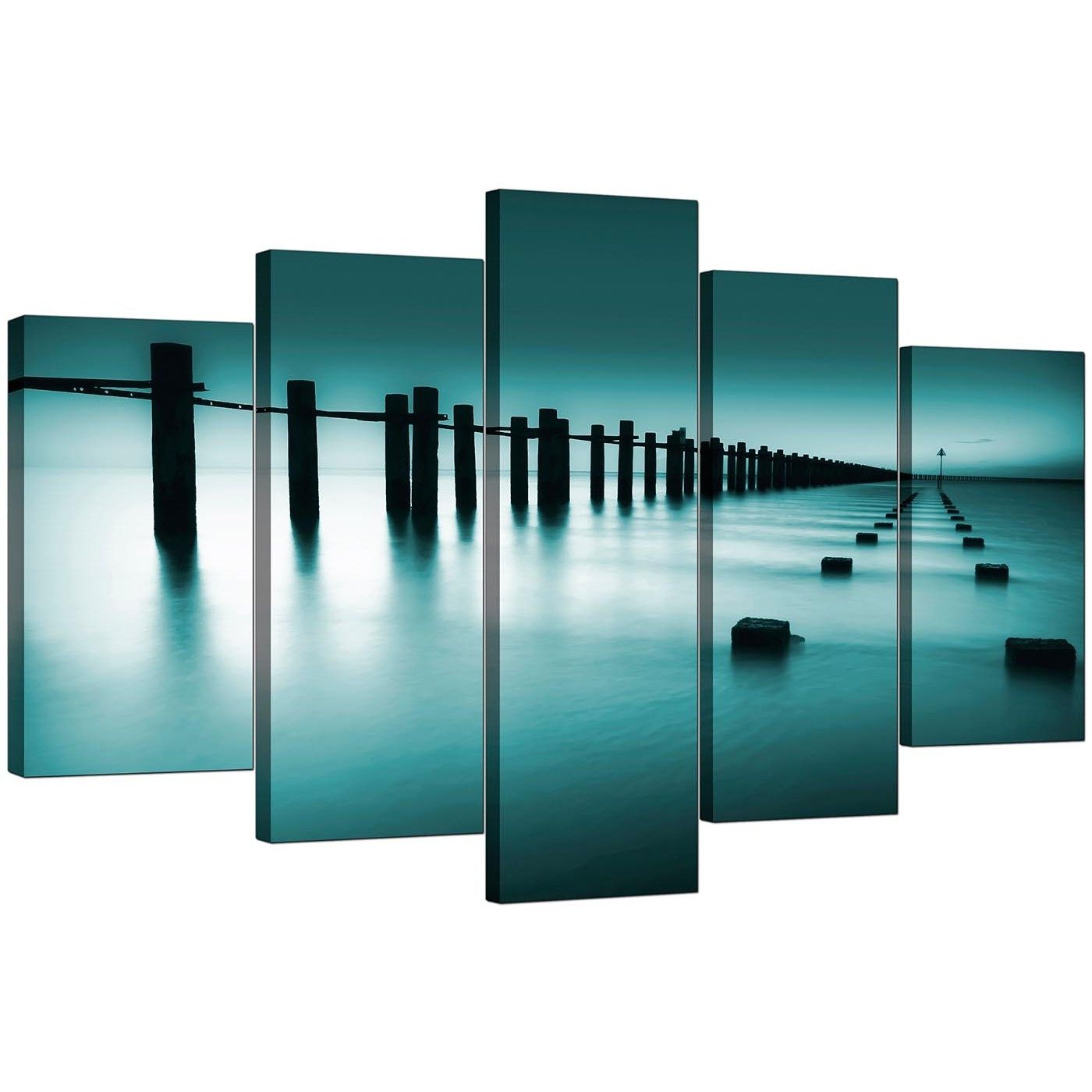 Extra Large Sea Canvas Wall Art Five Panel In Teal Throughout Most Recently Released Extra Large Wall Art (View 17 of 20)