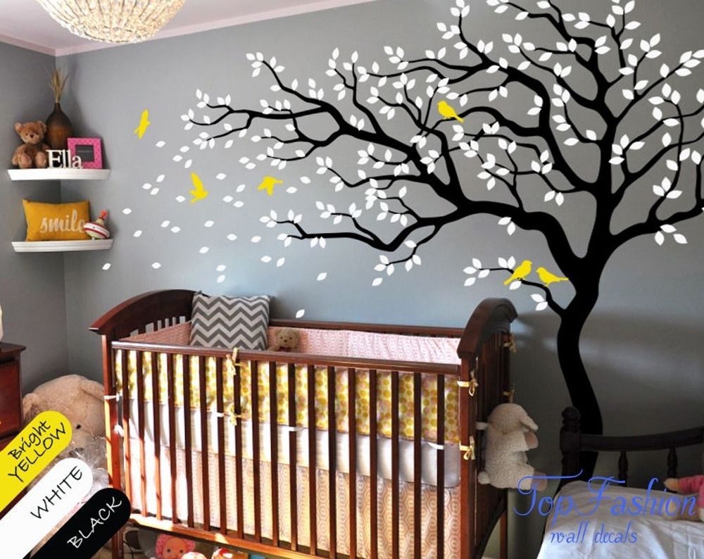 Huge White Tree Wall Decal Nursery Tree And Birds Wall Art Baby Kids Regarding Most Current Baby Room Wall Art (Gallery 20 of 20)