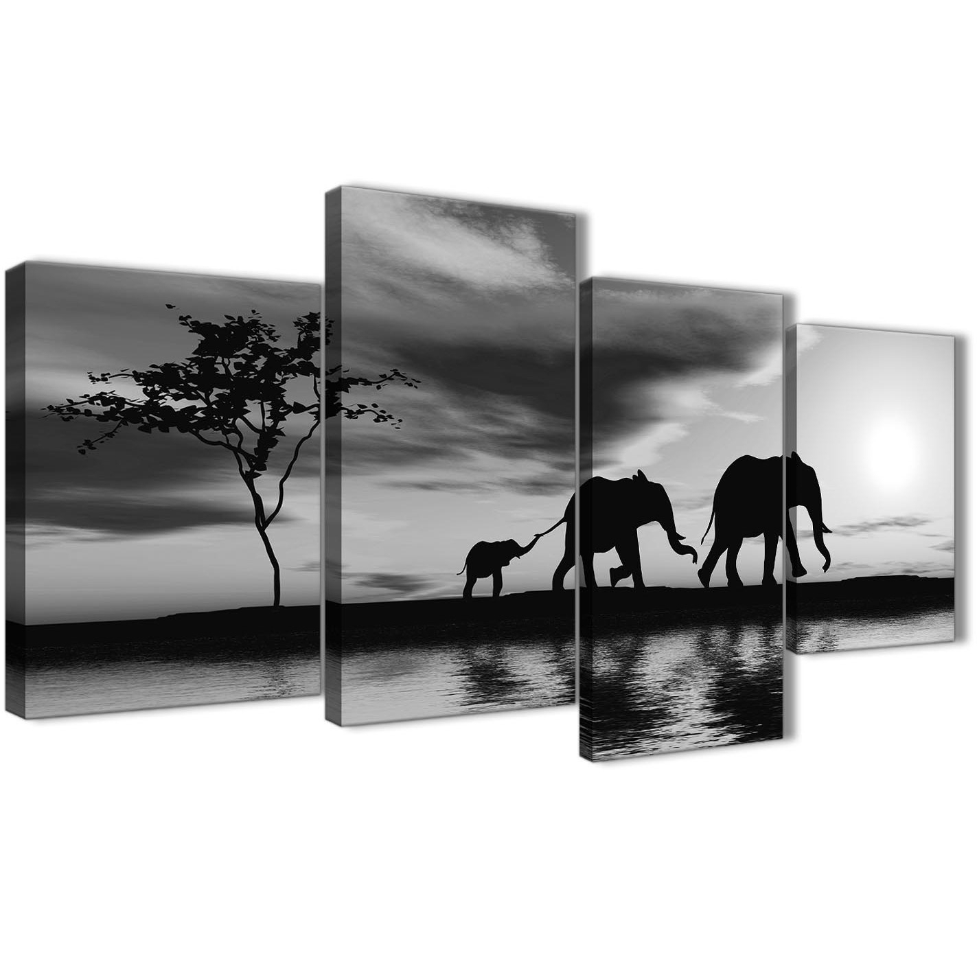 Large Black White African Sunset Elephants Canvas Wall Art Print For Newest Black And White Large Canvas Wall Art (Gallery 1 of 20)