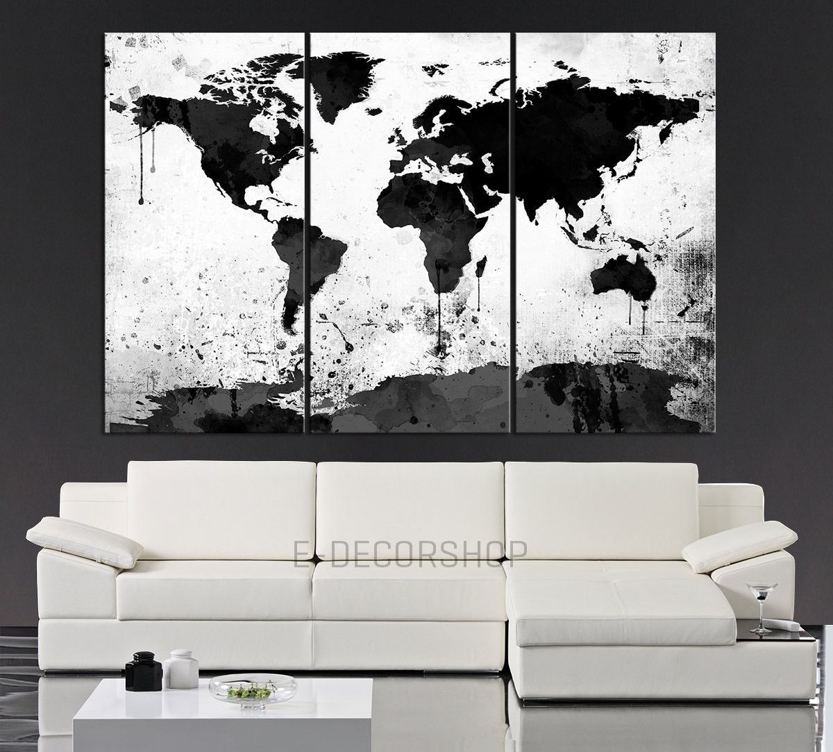 Large Black White World Map Canvas Print – 3 Piece Watercolor Splash For Latest Black And White Large Canvas Wall Art (View 2 of 20)
