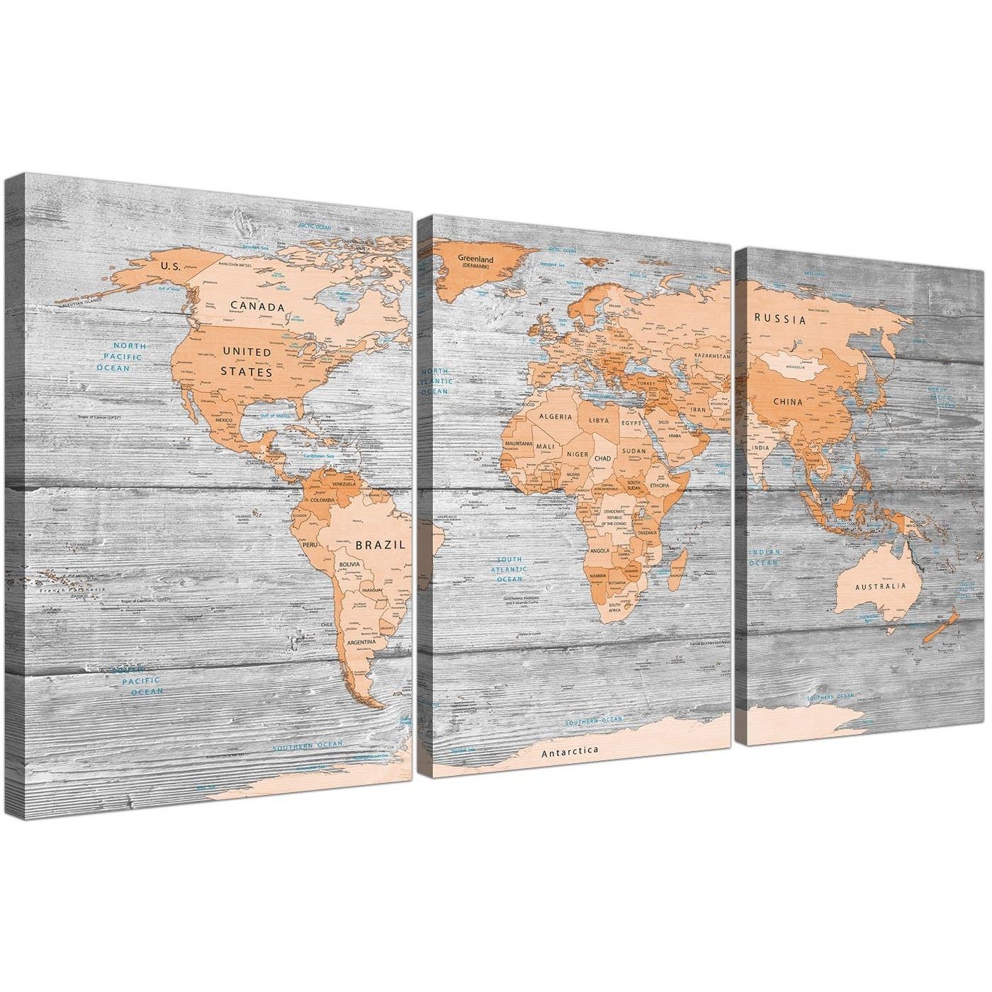Large Orange Grey Map Of World Atlas Canvas Wall Art Print – Split 3 With Recent Orange Wall Art (View 2 of 20)