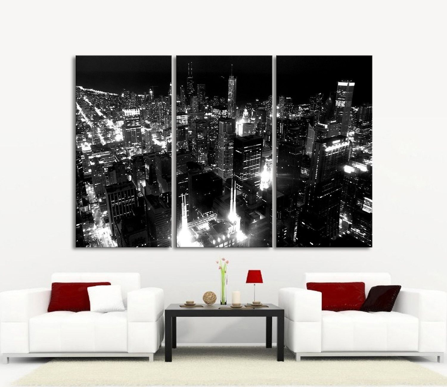 Large Wall Art Canvas Print Chicago City Skyline At Night – 3 Panel Regarding Current Chicago Wall Art (View 6 of 15)