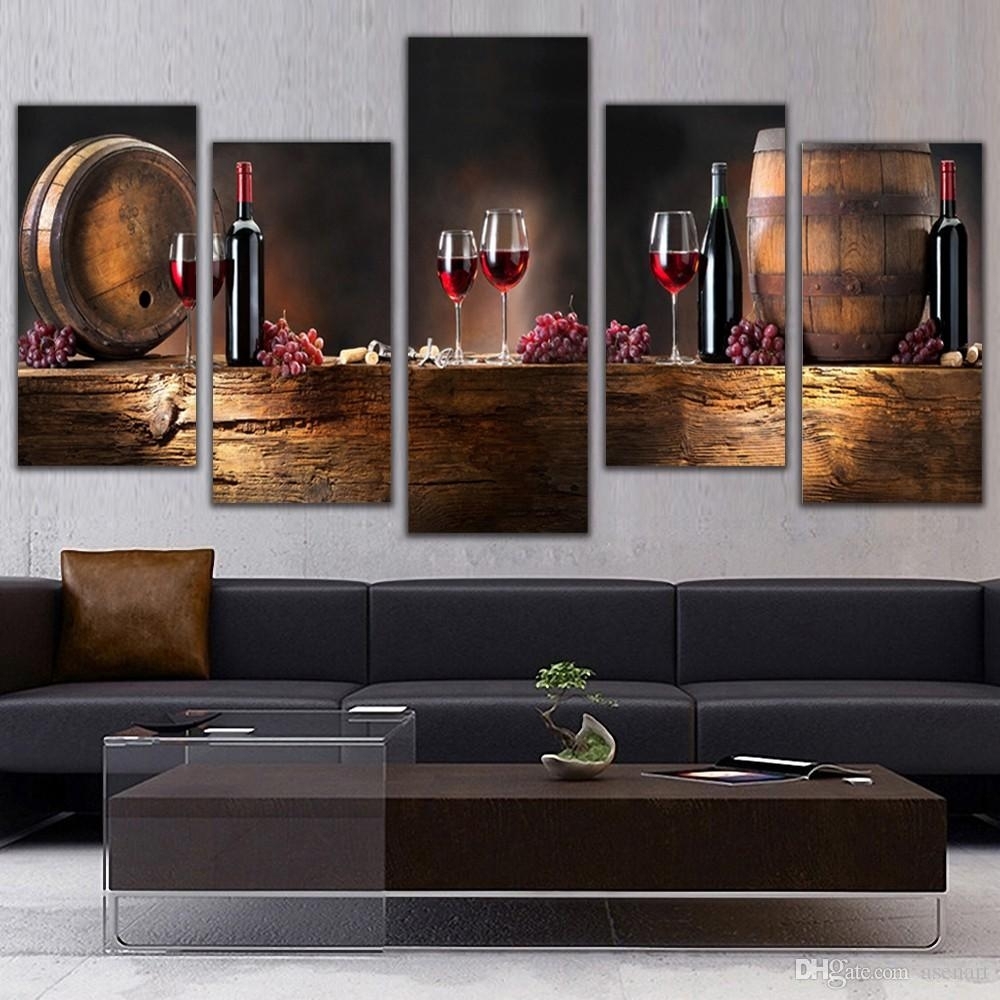 Online Cheap 5 Panel Wall Art Fruit Grape Red Wine Glass Picture Art Regarding Recent Kitchen Canvas Wall Art Decors (Gallery 1 of 20)