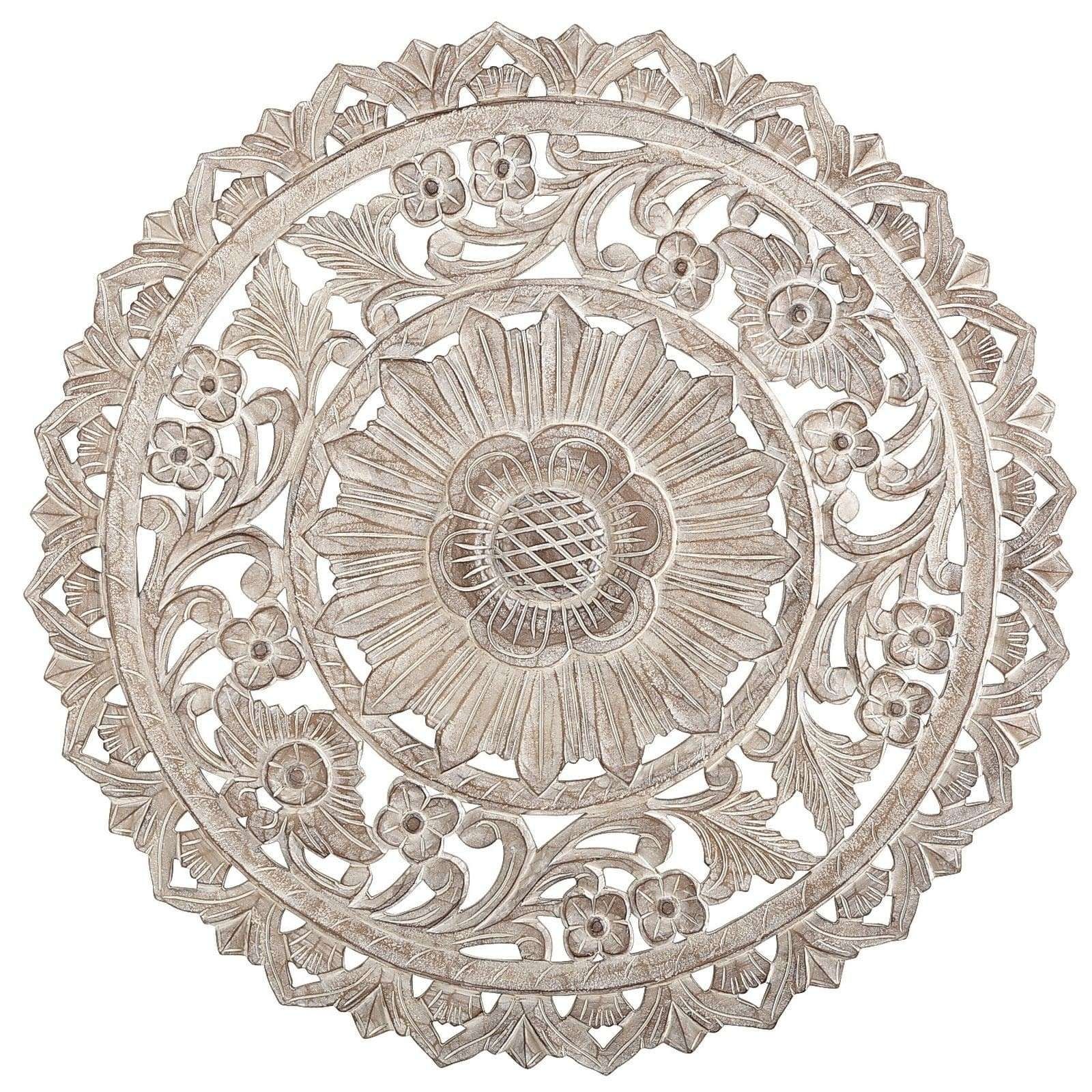 Round Medallion Wall Art White Wood Unique Carved Whitewash Decor Pertaining To Recent Round Wood Wall Art (View 1 of 15)