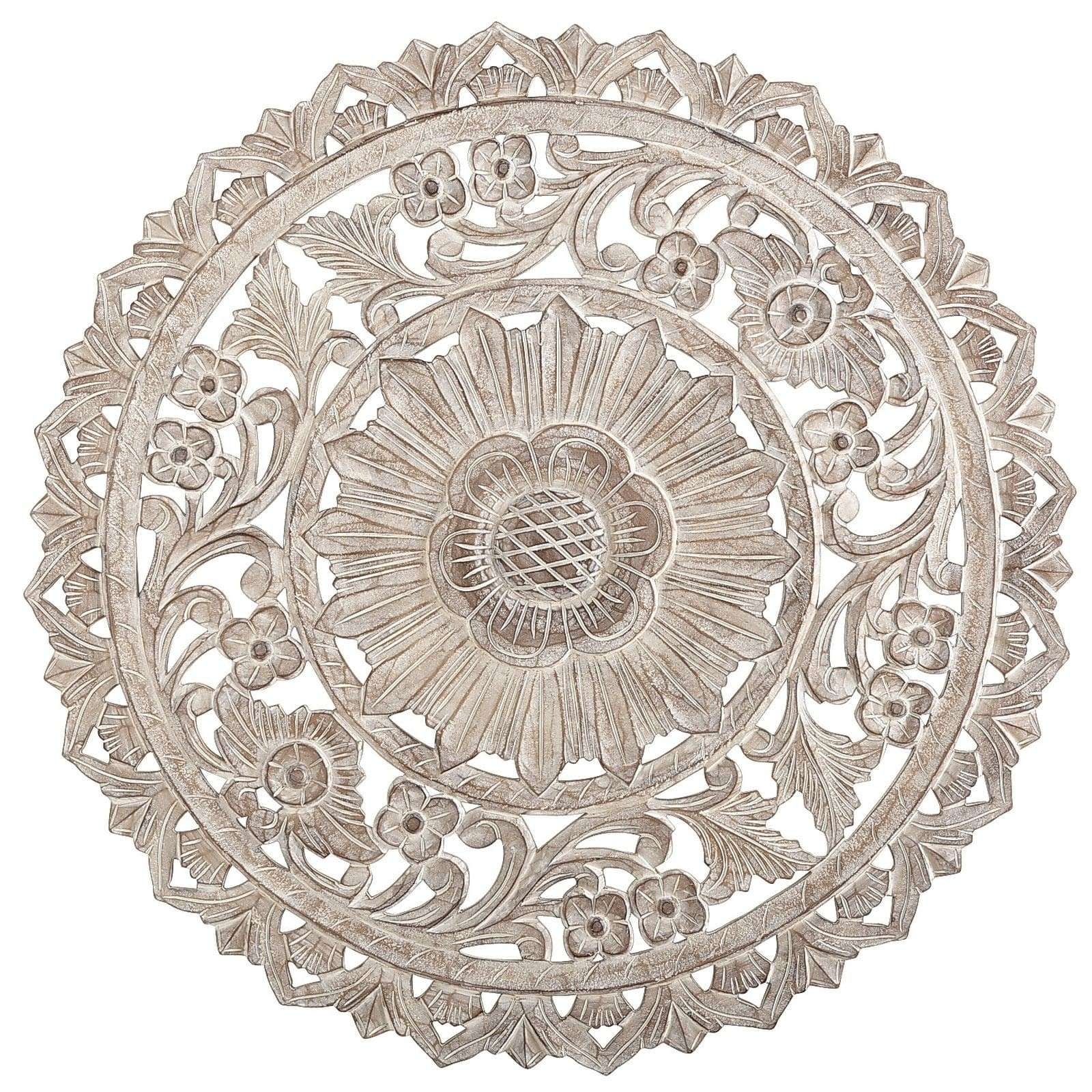 Round Medallion Wall Art White Wood Unique Carved Whitewash Decor Pertaining To Recent Round Wood Wall Art (Gallery 1 of 15)