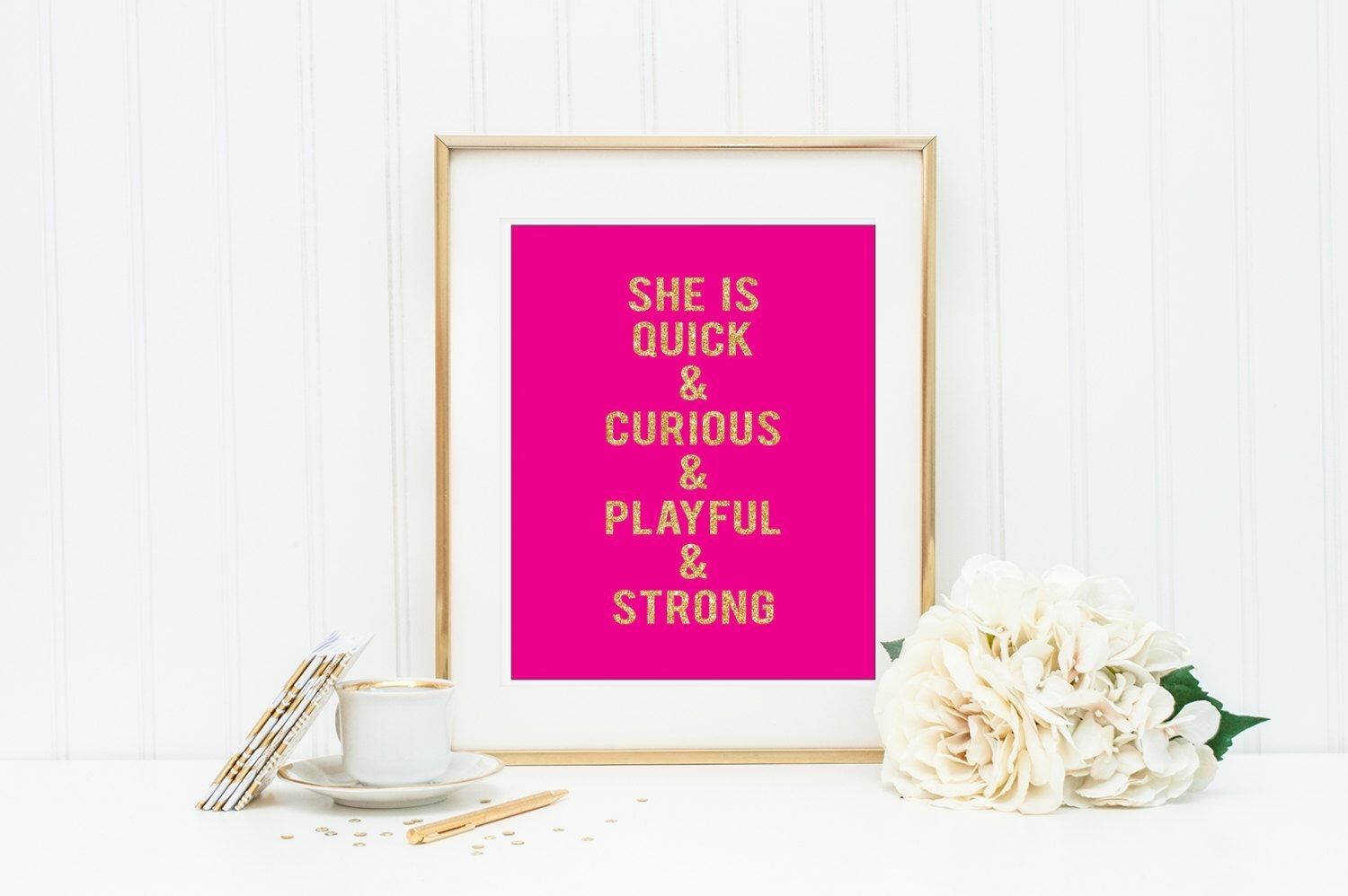 She Is Quick And Curious Kate Spade Quote Pink And Gold Wall Art In Most Popular Kate Spade Wall Art (View 4 of 20)