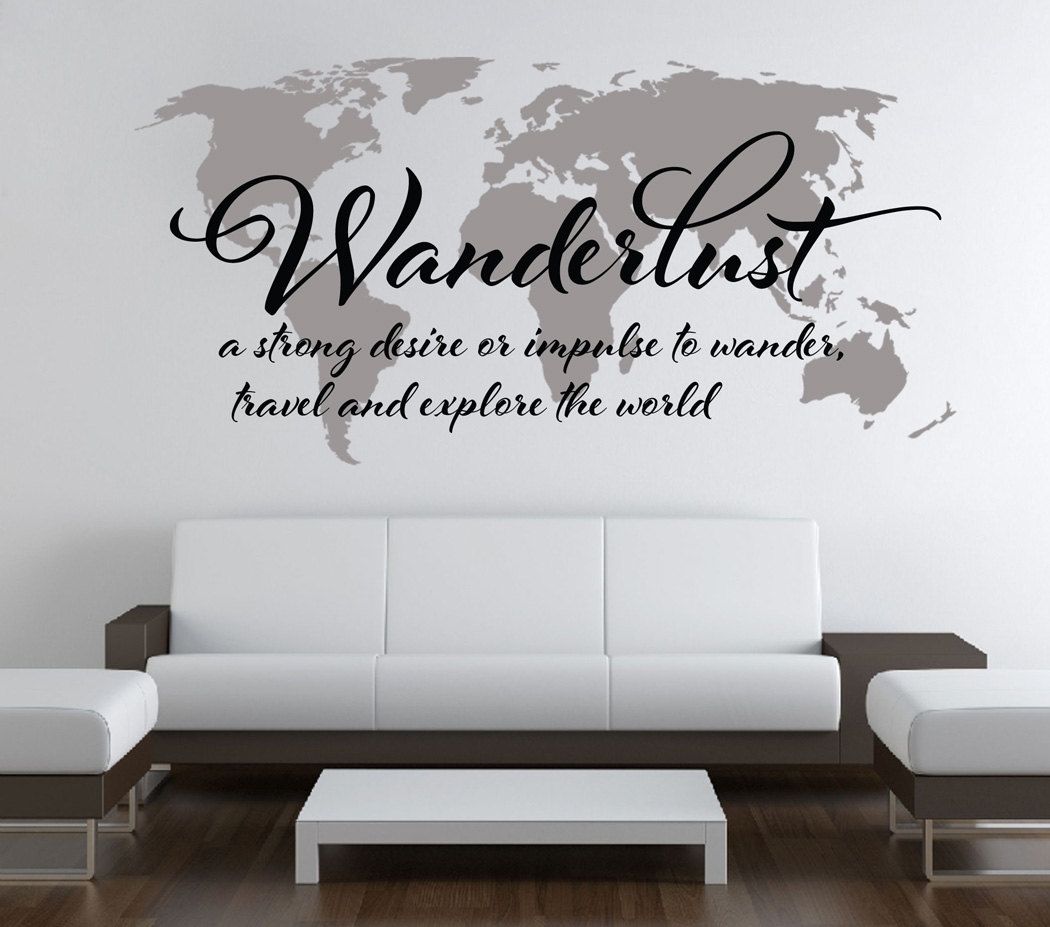 Wanderlust Travel Quote World Map Wall Art Decal · Moonwallstickers In Best And Newest Wall Art Stickers World Map (View 11 of 20)