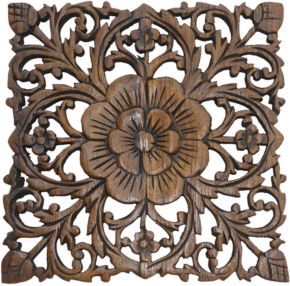 Wood Plaque Oriental Carved Lotus. Rustic Wall Decor (View 9 of 20)