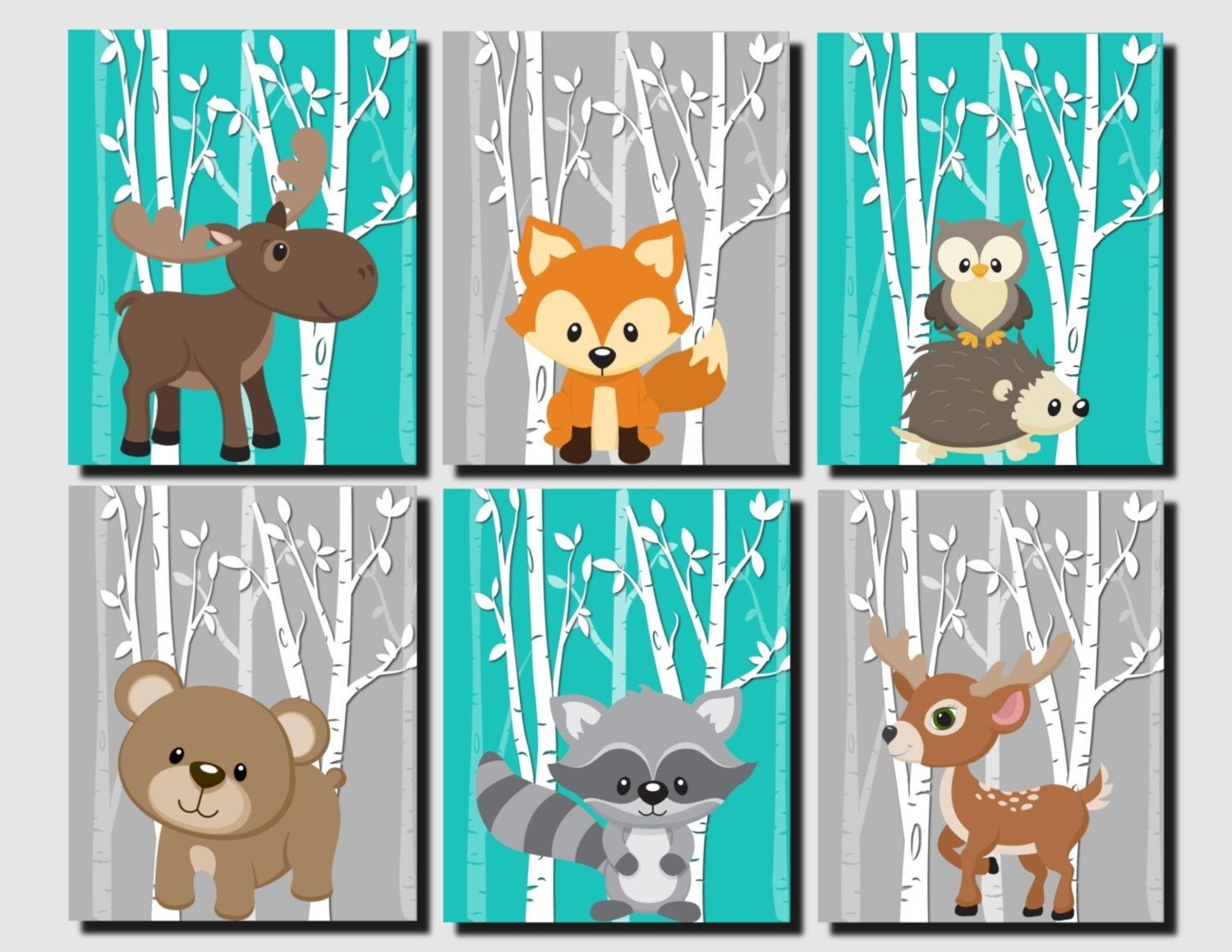 Woodland Nursery, Woodland Wall Decor Kids, Teal, Gray, Forest Throughout Current Woodland Nursery Wall Art (View 1 of 20)