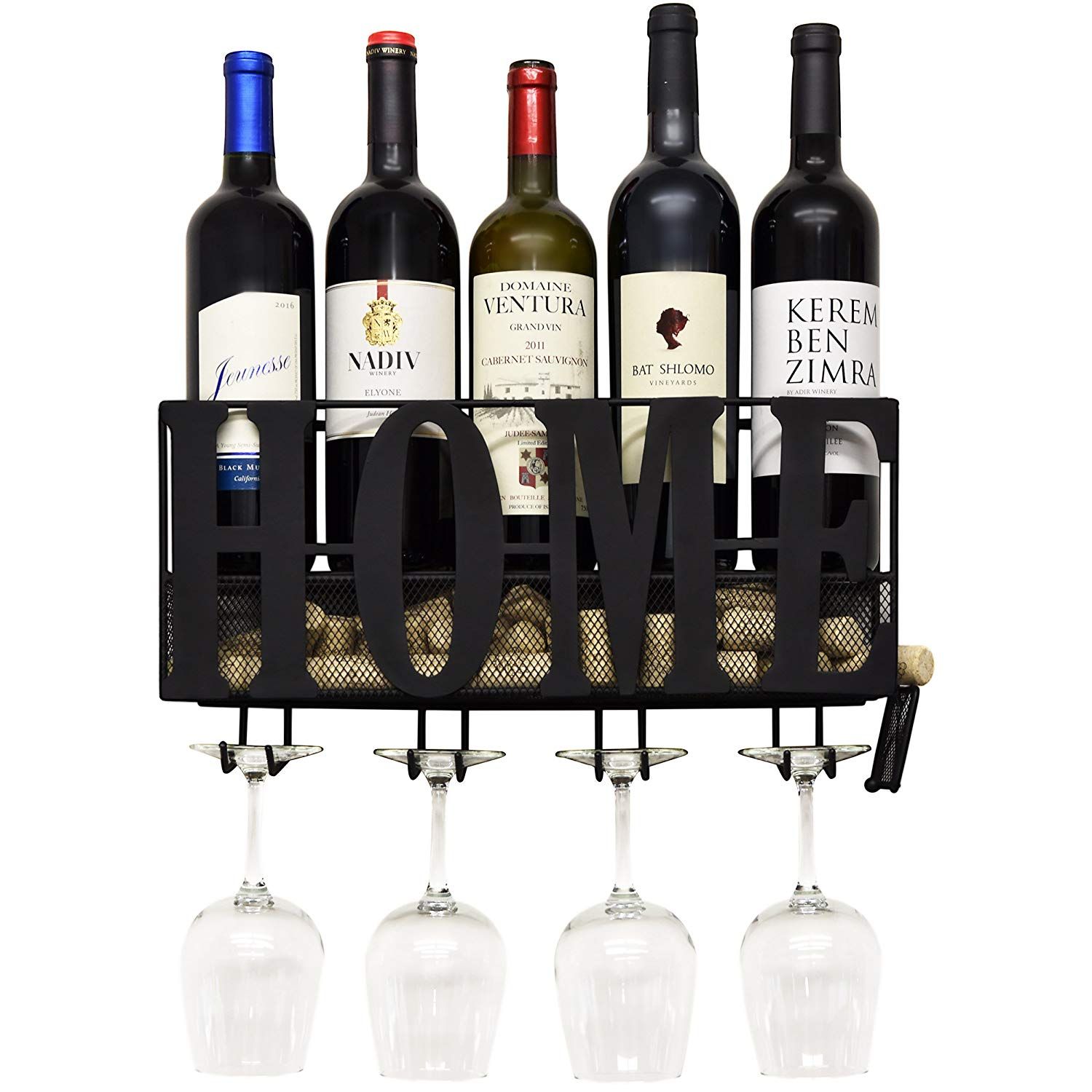 Famous Three Glass Holder Wall Decor Regarding Wall Mounted Metal Home Wine Rack With Glass Holder With Cork (View 18 of 20)