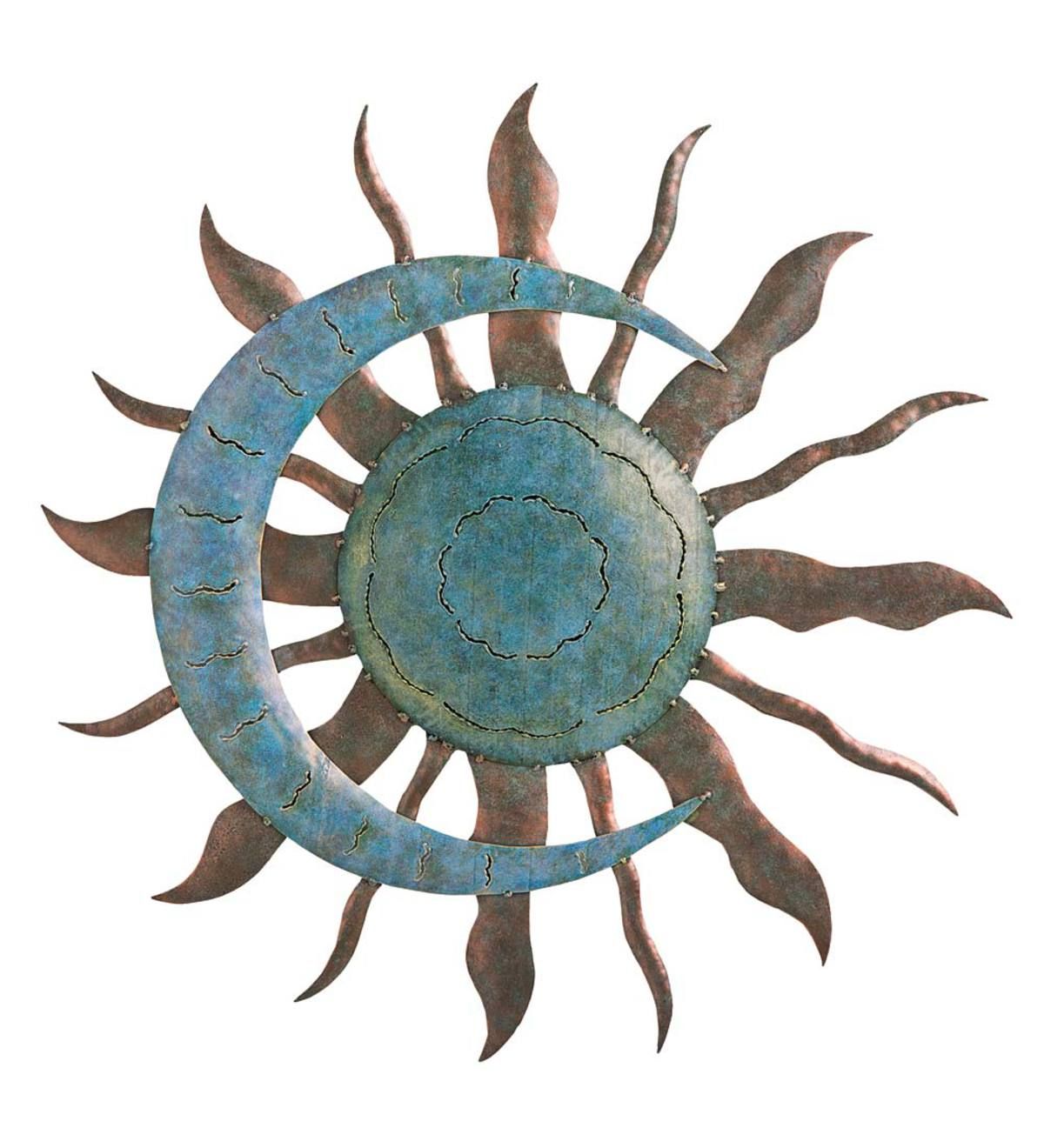 Handcrafted Blue And Copper Colored Recycled Metal Moon And Sun Wall With Regard To Famous Recycled Moon And Sun Wall Decor (View 1 of 20)