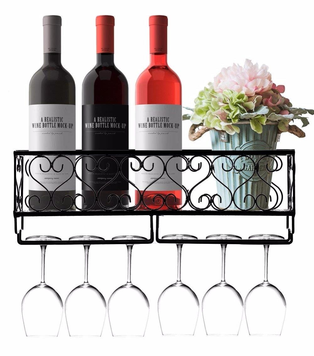 Most Recent Wall Mounted Wine Rack Rustic Metal Hanging Wine Bottle Shelf With With Three Glass Holder Wall Decor (View 8 of 20)