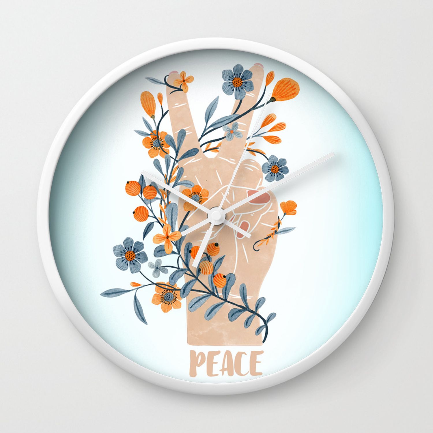 Well Known Peace Sign With Orange Flowers, Blue Flowers And Vines Wall Clock For Three Flowers On Vine Wall Decor (Gallery 19 of 20)