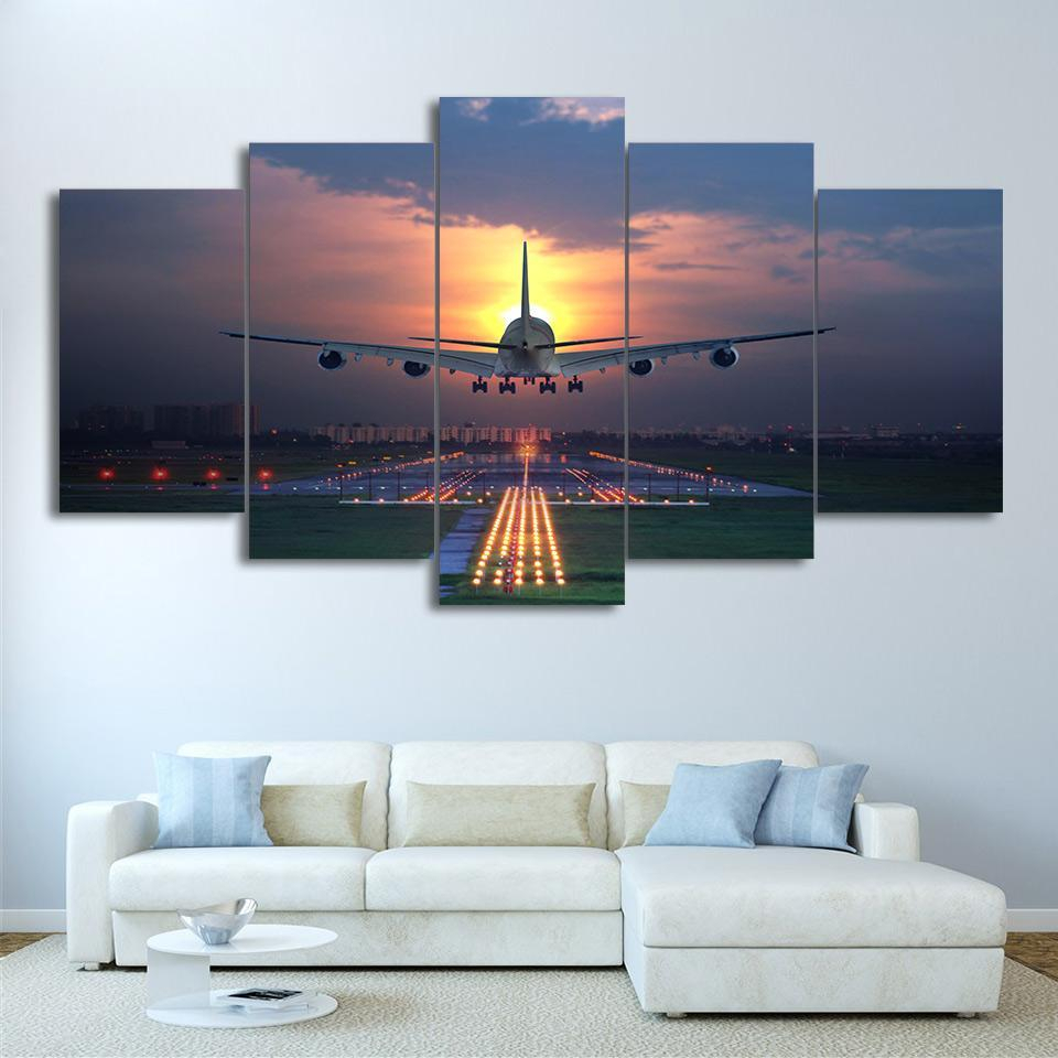 Flight Plane Landing In Sunset 5 Piece Canvas Art Print Picture Wall Within Most Popular Landing Art Wall Decor (Gallery 1 of 20)