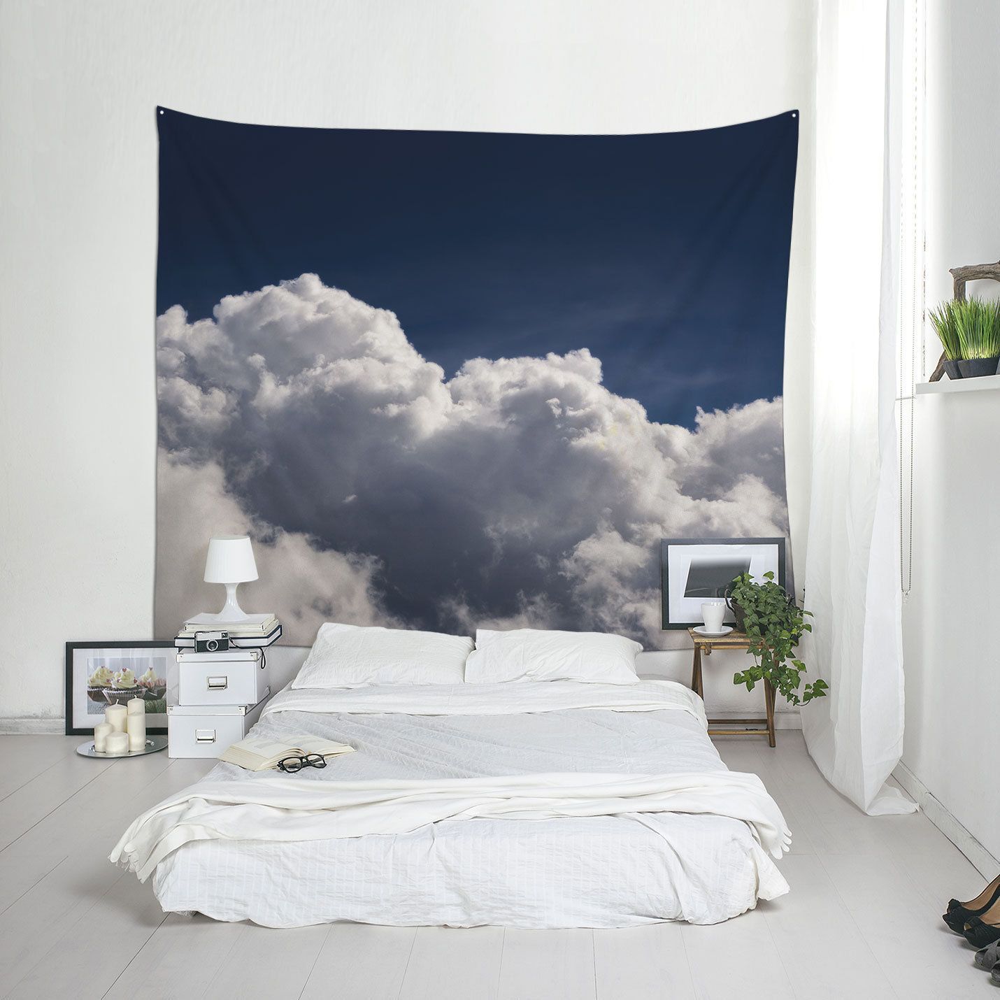 Cloudscape Tapestry Under A Navy Blue Sky Dorm Wall Art Or Regarding 2017 Blended Fabric Ranier Wall Hangings With Hanging Accessories Included (Gallery 17 of 20)