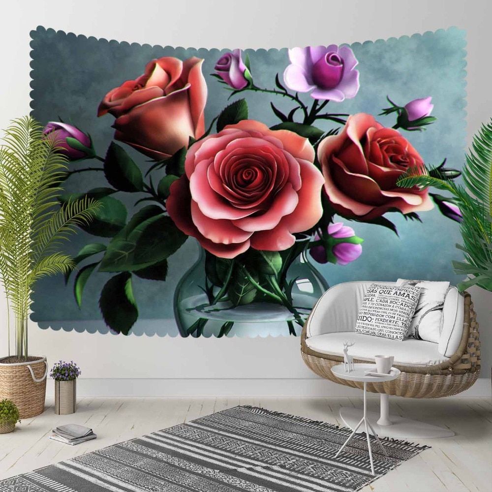 Else Red Roses Green Leaves In Vase Purple Flowers 3d Print Decorative  Hippi Bohemian Wall Hanging Landscape Tapestry Wall Art Within Current Roses I Tapestries (View 19 of 20)