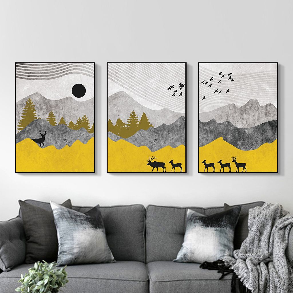 Modern Simple Deer & Flying Birds Canvas Print, Wall Art In Most Popular Blended Fabric Ranier Wall Hangings With Hanging Accessories Included (Gallery 19 of 20)