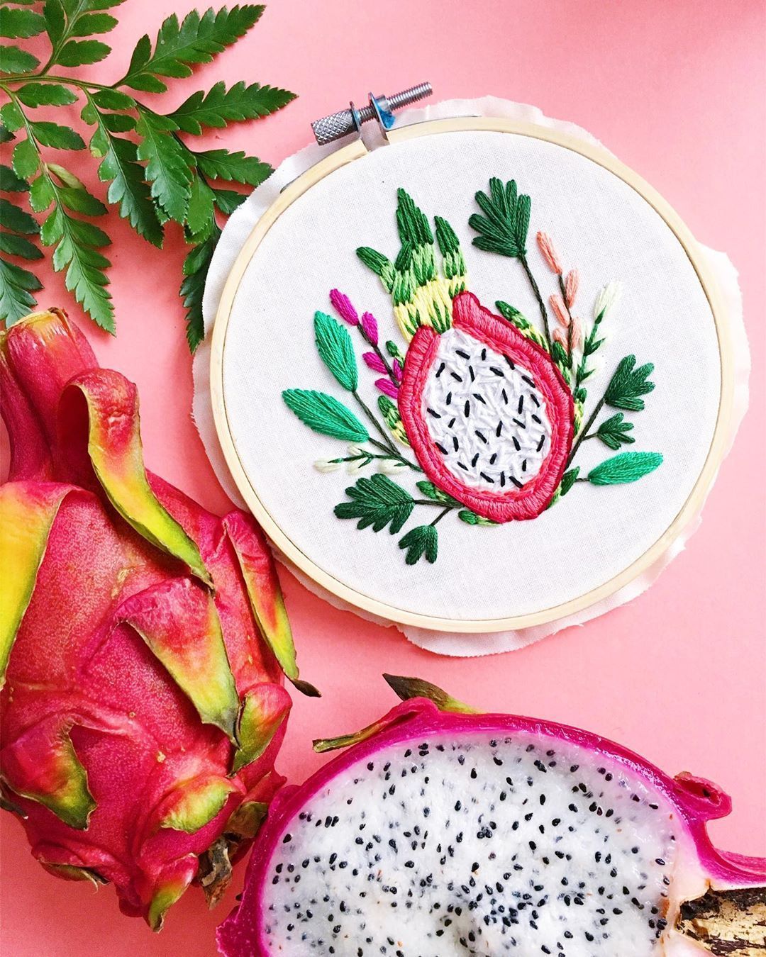 Pink And Green Dragon Fruit Hand Embroidery Hoop Art Intended For Current Blended Fabric Fruity Bouquets Wall Hangings (View 3 of 20)
