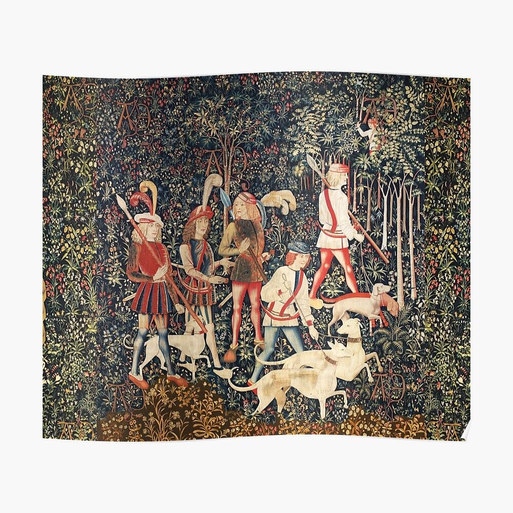 Unicorn Hunters With Dogs Enter The Wood Green Floral" Mask Regarding Best And Newest Blended Fabric Unicorn Captive And Unicorn Hunt Wall Hangings (View 4 of 20)