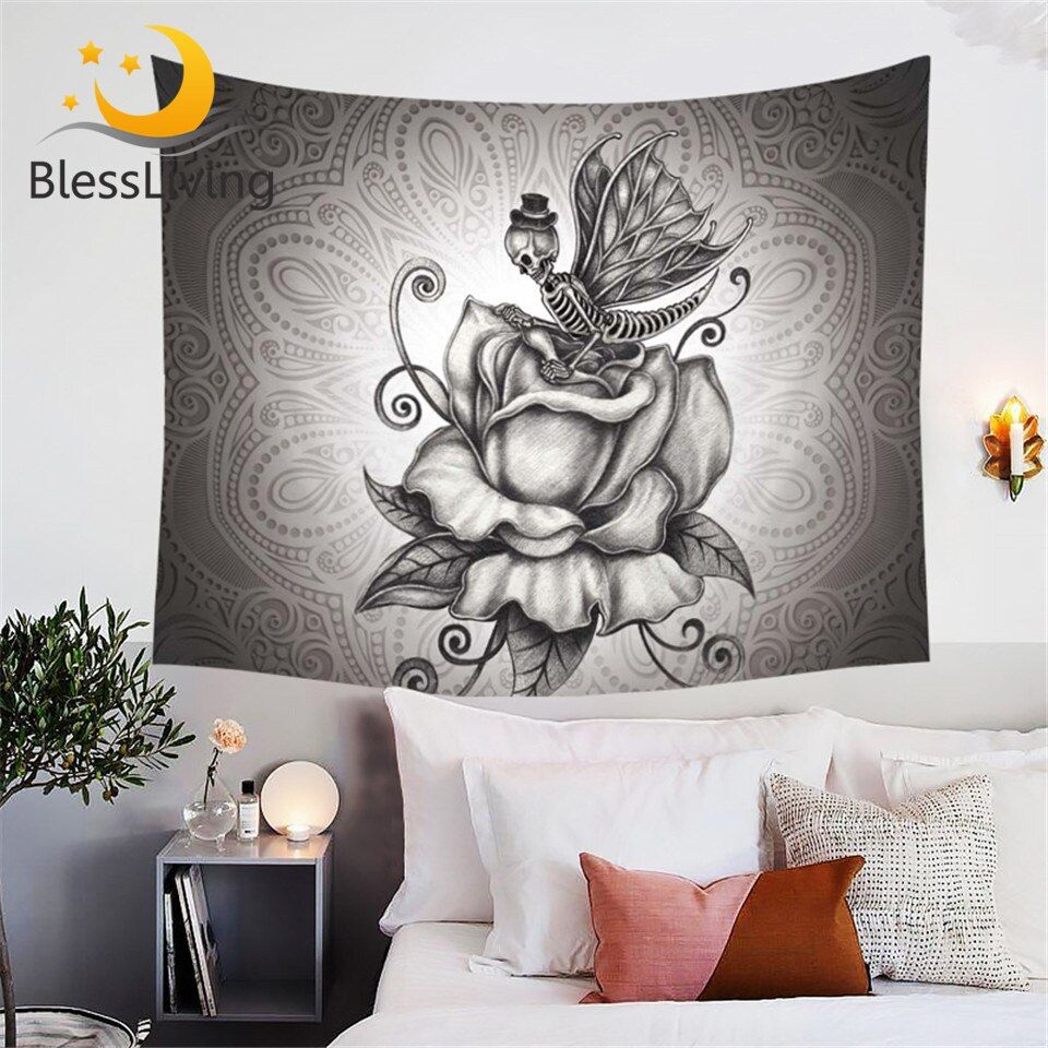 Us $9.58 33% Off|blessliving 3d Retro Roses Decorative Tapestry Pale Grey  Butterfly Skull Tapestries Gothic Wall Hanging Romantic Dark Throughout Most Popular Roses I Tapestries (Gallery 2 of 20)