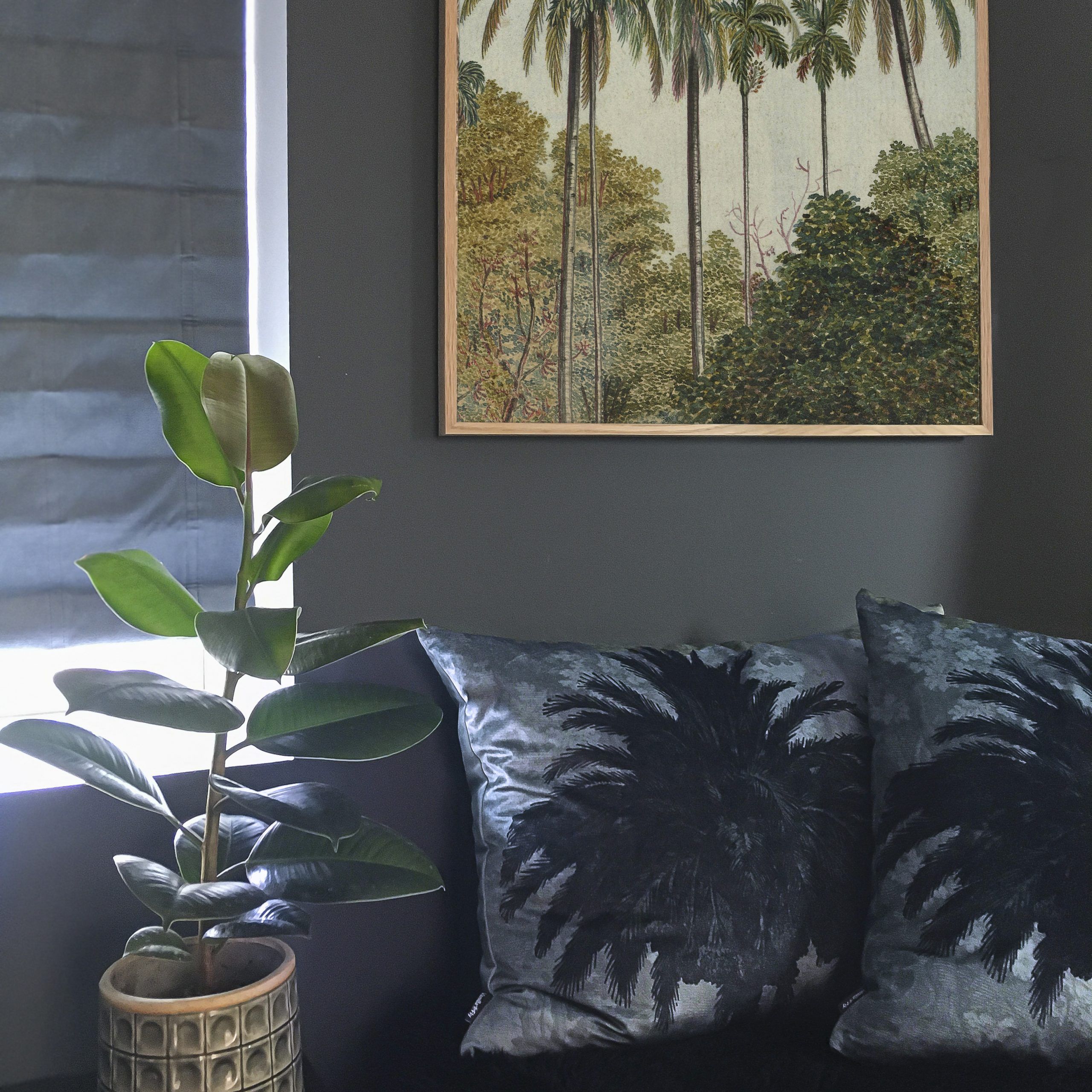Velvet Palm Tree Cushion In Flint Blue With Regard To Latest Blended Fabric Palm Tree Wall Hangings (View 20 of 20)