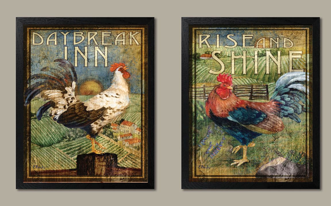 2 Retro Rooster Rustic Art Prints; Country Kitchen Decor Regarding Current Lines Framed Art Prints (View 1 of 20)