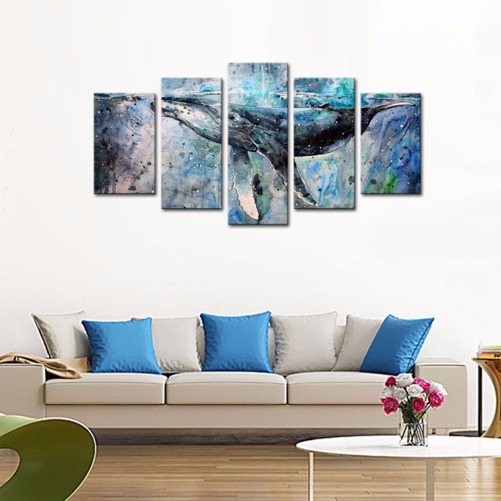 5 Panels Abstract Blue Whale Picture Canvas Prints Modern Throughout Most Up To Date Modern Framed Art Prints (View 8 of 20)