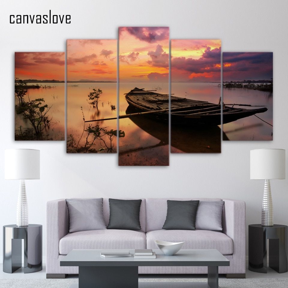 5 Piece Canvas Art Sunset Boat Silence Lake Canvas Inside Most Recently Released Sunset Wall Art (View 9 of 20)
