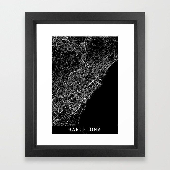 Barcelona Black Map Framed Art Print | Framed Art Prints In Most Recent Barcelona Framed Art Prints (View 7 of 20)