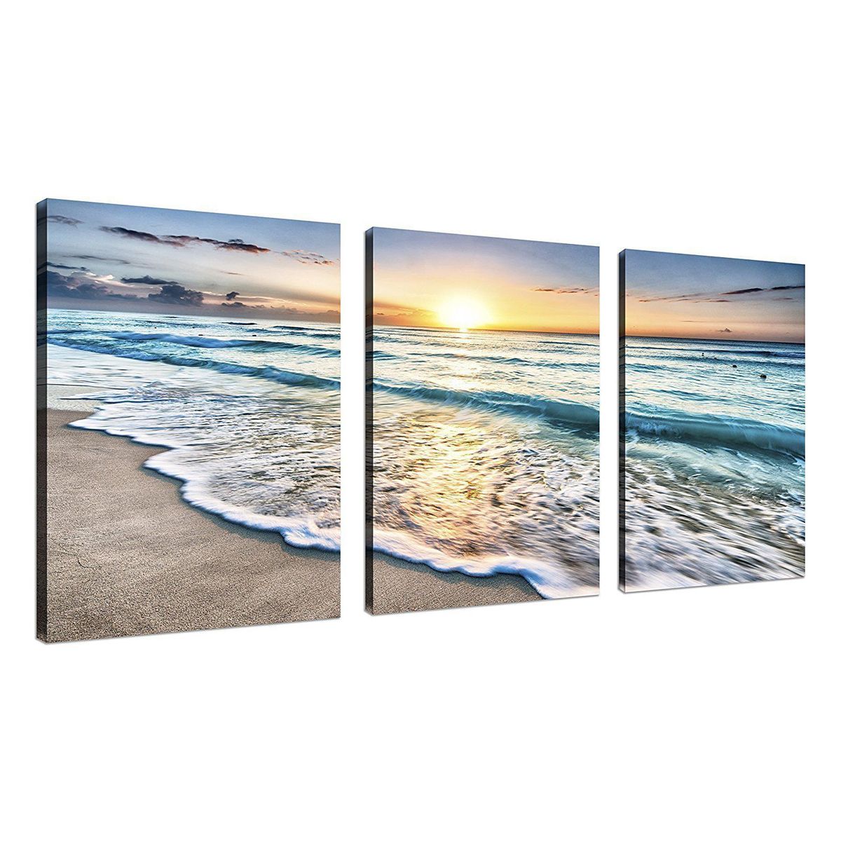 Beach Canvas Wall Art Sunset Sand Ocean Sea Wave 3 Panel Inside Most Popular Sunset Wall Art (View 7 of 20)