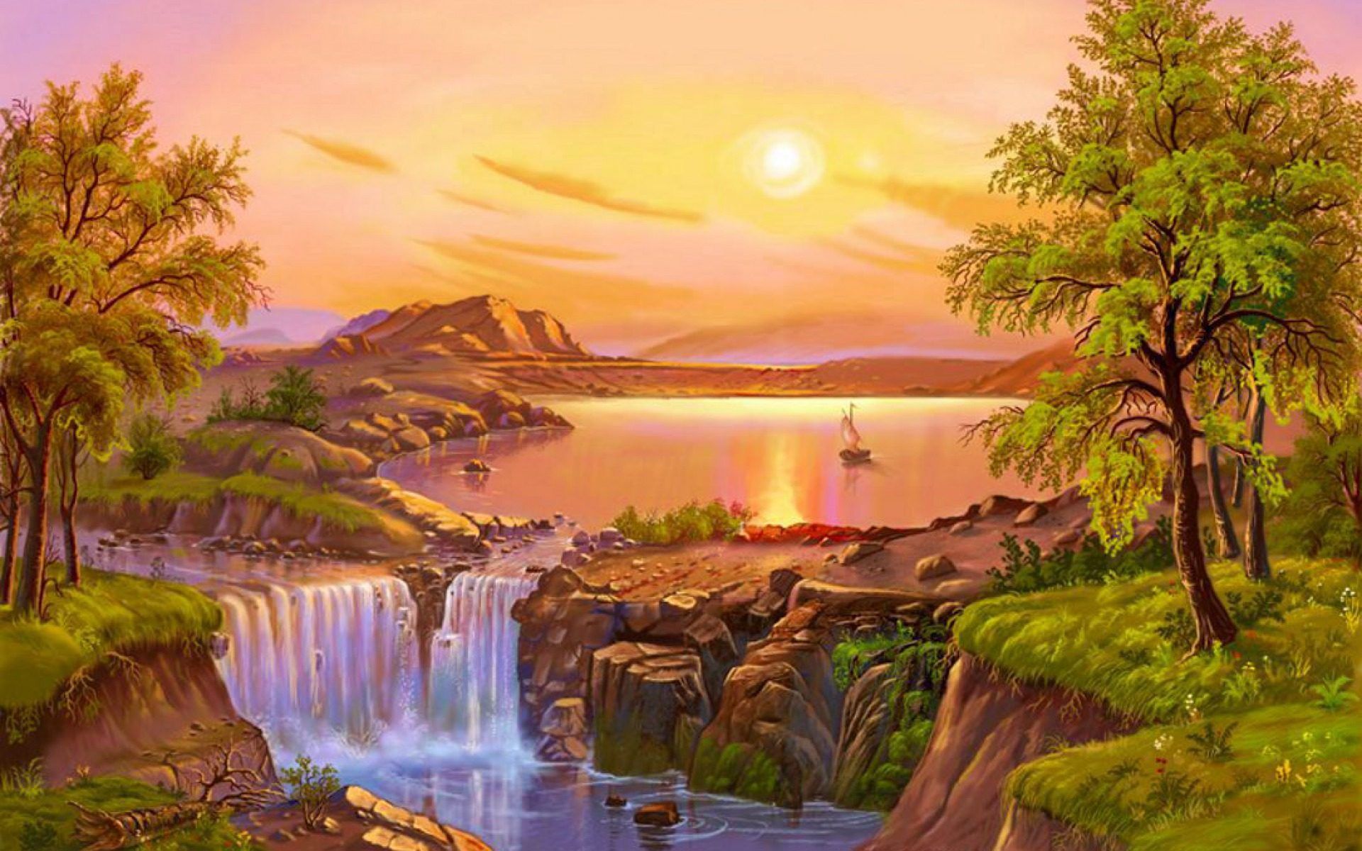 Beautiful Landscape Summer Painting River Lake Waterfall Regarding 2018 Summer Wall Art (Gallery 20 of 20)
