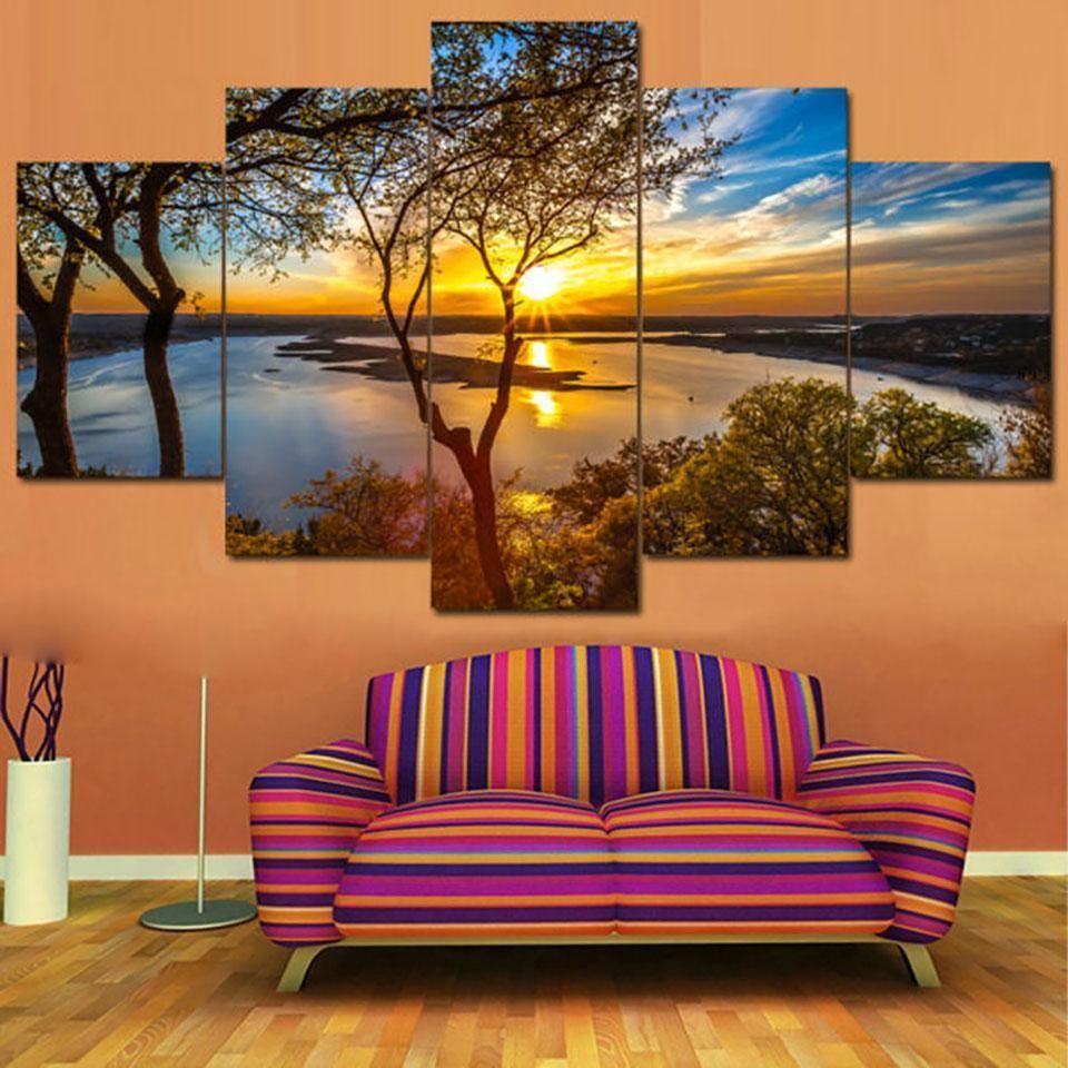 Beautiful Sunrise Lakeview – Nature 5 Panel Canvas Art For Most Popular Natural Framed Art Prints (Gallery 19 of 20)