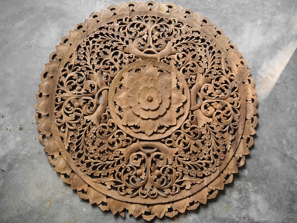 Buy Circle Carved Wooden Wall Art Buddhist Flower Panel Online Intended For Most Popular Landscape Wood Wall Art (View 7 of 20)