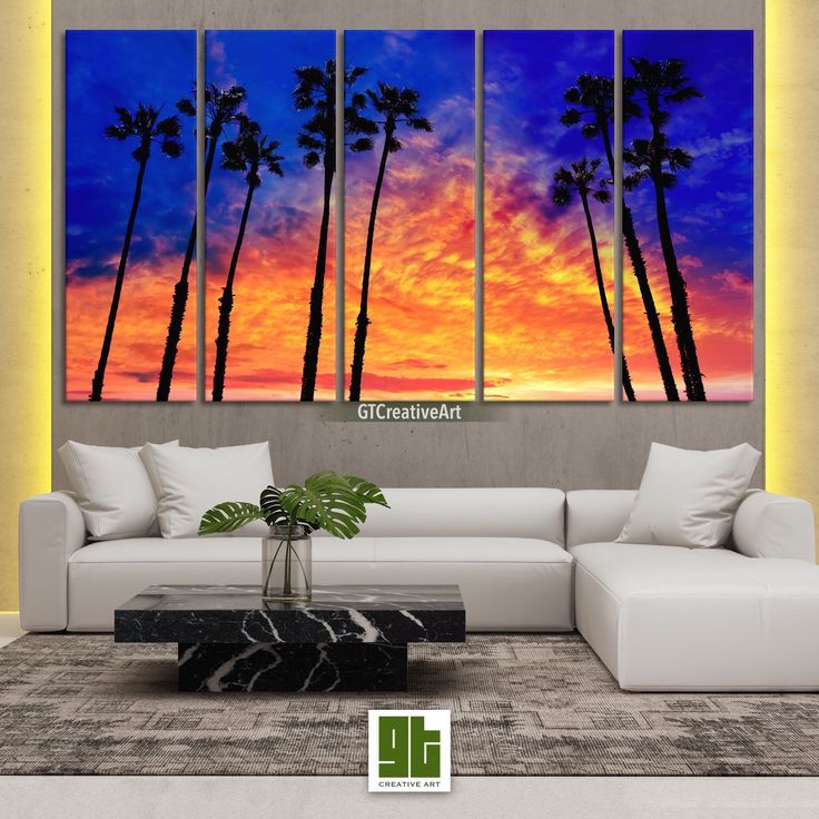 California Sunset Palm Trees Art, Multi Panel Framed Pertaining To 2017 Dragon Tree Framed Art Prints (Gallery 19 of 20)