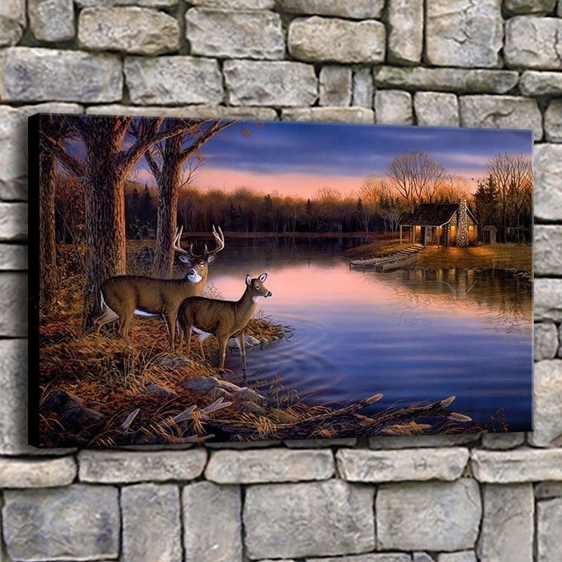 Canvas Pictures Home Decor 1 Piece Deer Lake Sunset Nature Inside Recent Landscape Framed Art Prints (View 10 of 20)