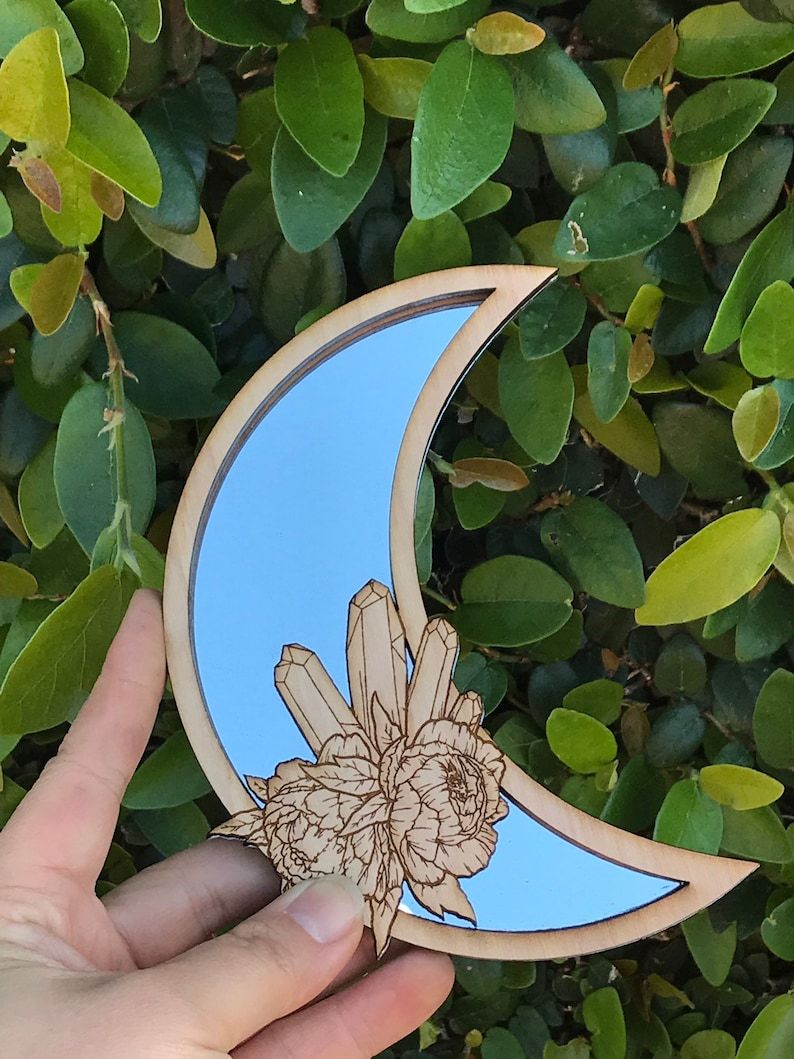 Crescent Moon Wood Mirror Floral Healing Crystals Wall Art With Regard To Most Popular Luna Wood Wall Art (View 13 of 20)