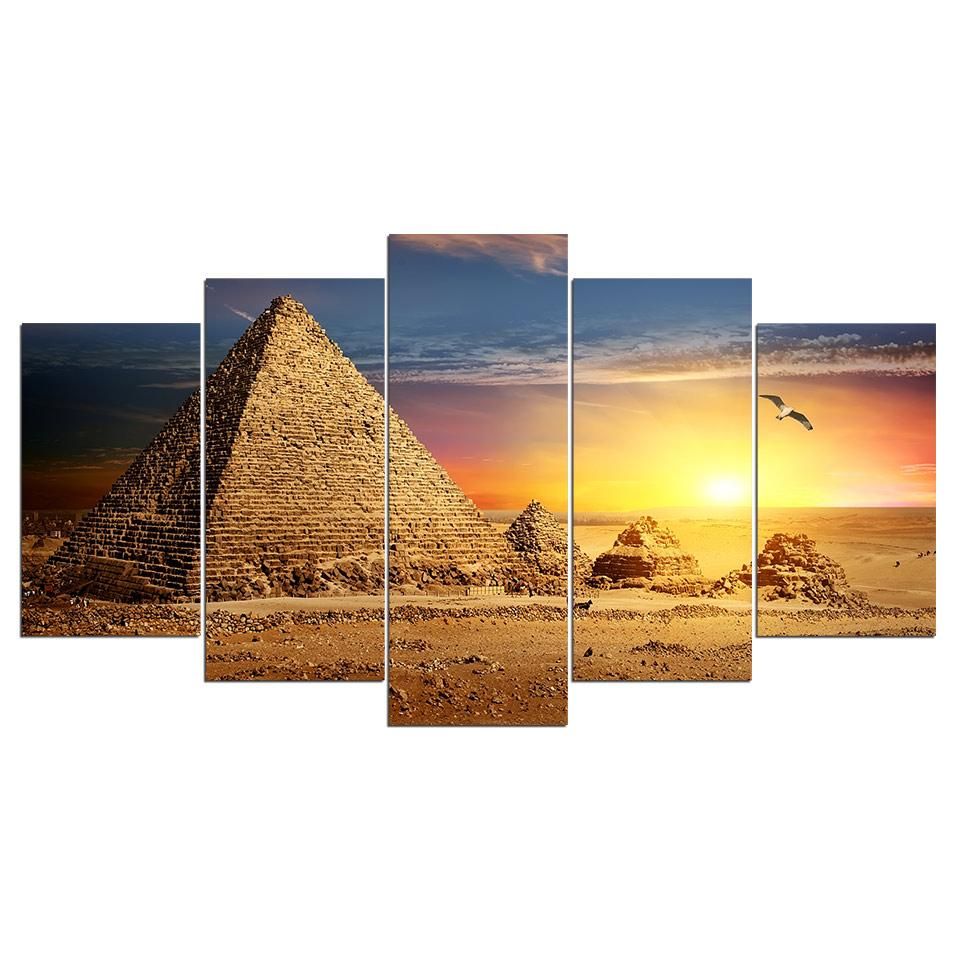 Egyptian Pyramid Painting Sunset – Pyramid 5 Panel Canvas Inside Latest Pyrimids Wall Art (View 4 of 20)
