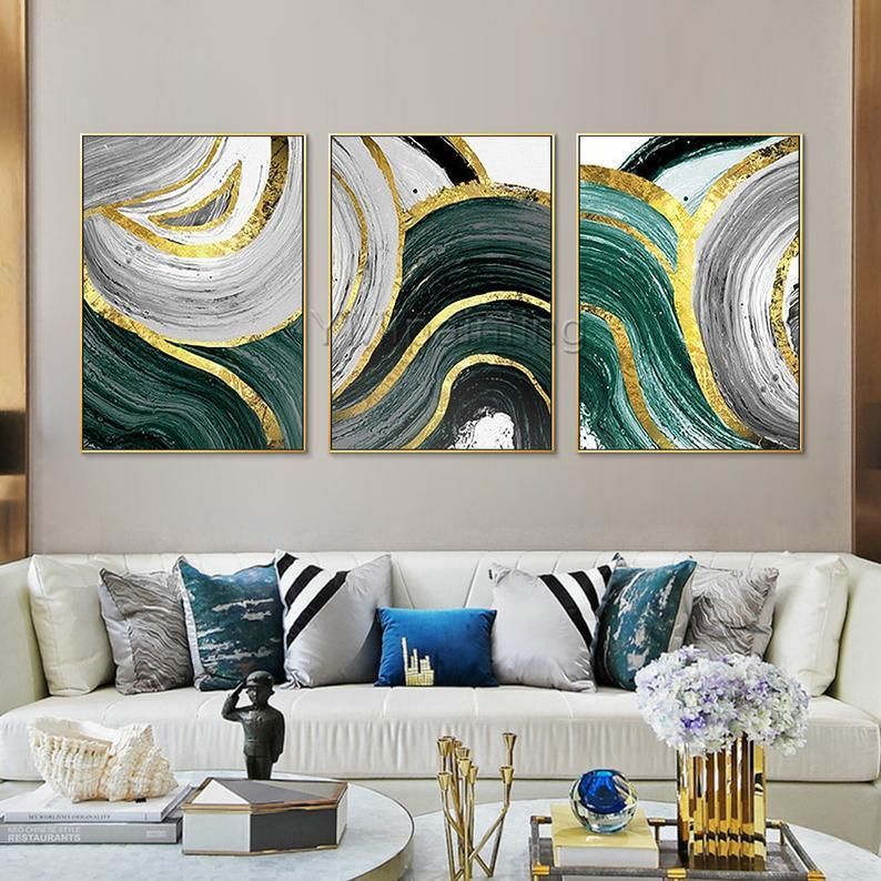 Emerald Wall Art Framed Painting Set Of 3 Wall Art Gold With Regard To Most Recently Released Amber Dusk Wall Art (View 11 of 20)