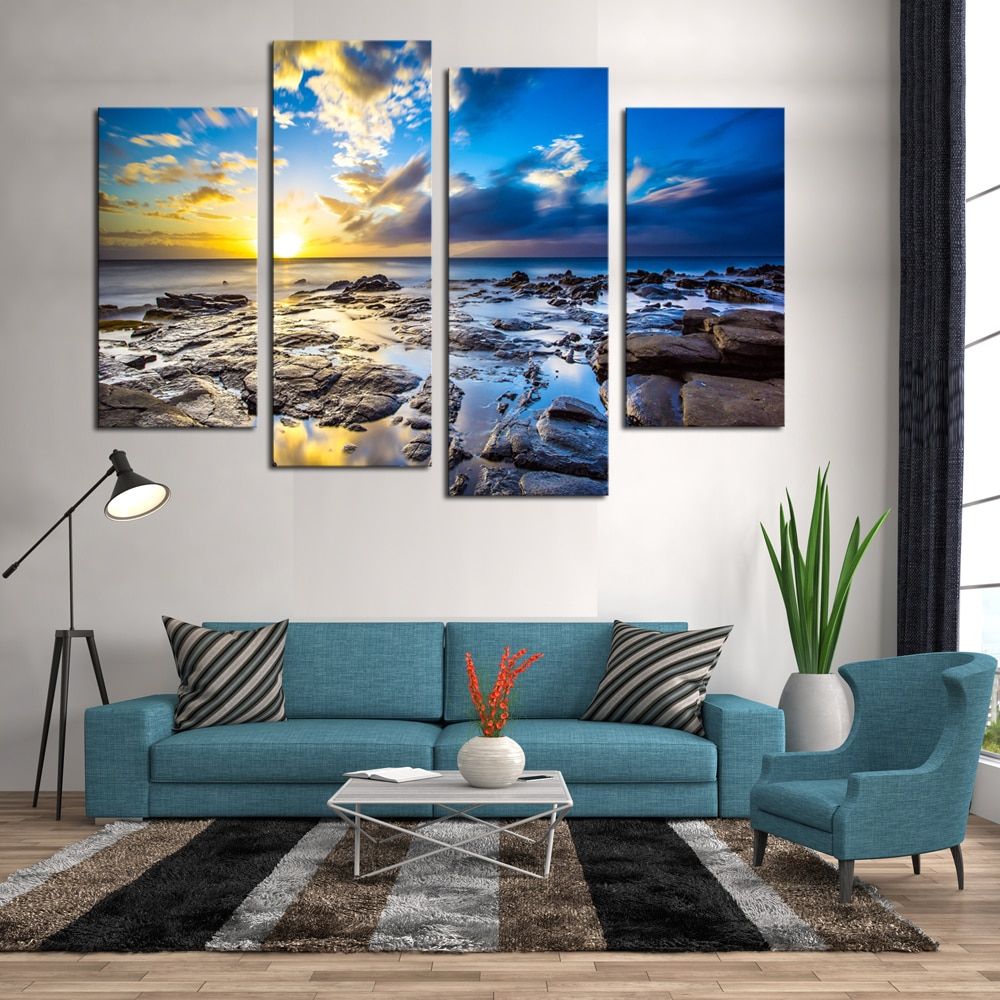 Framed 4 Panels Ocean Scenery Canvas Print Painting Modern Intended For Most Popular Sunshine Framed Art Prints (View 12 of 20)