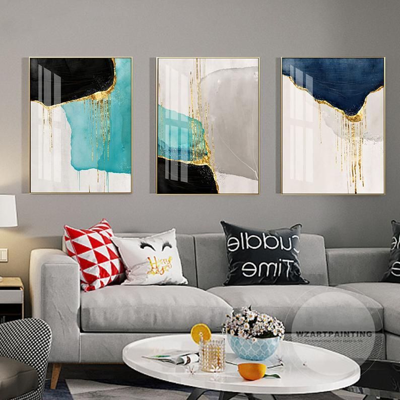 Framed Wall Art 3 Piece Set Of 3 Prints Abstract Gold Navy Inside Newest Colorful Framed Art Prints (View 17 of 20)